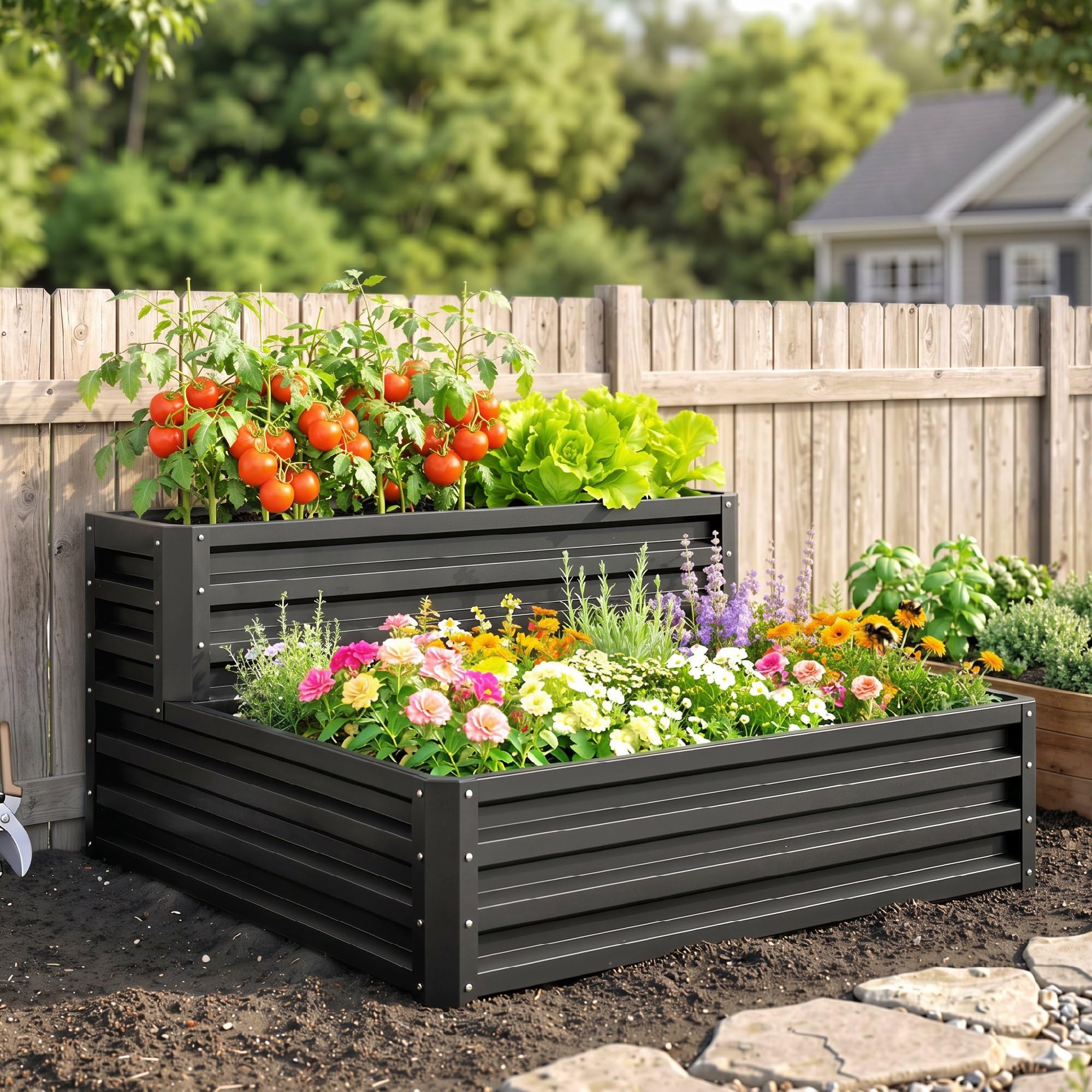 Outsunny Huerto Urbano de 2 Niveles de Acero Galvanizado, Jardinera Exterior con Diseño de Escalera y Fondo Abierto para Cultivos, Plantas, Herbaria, para Terraza, Jardín, 120x101x58 cm, Gris Oscuro