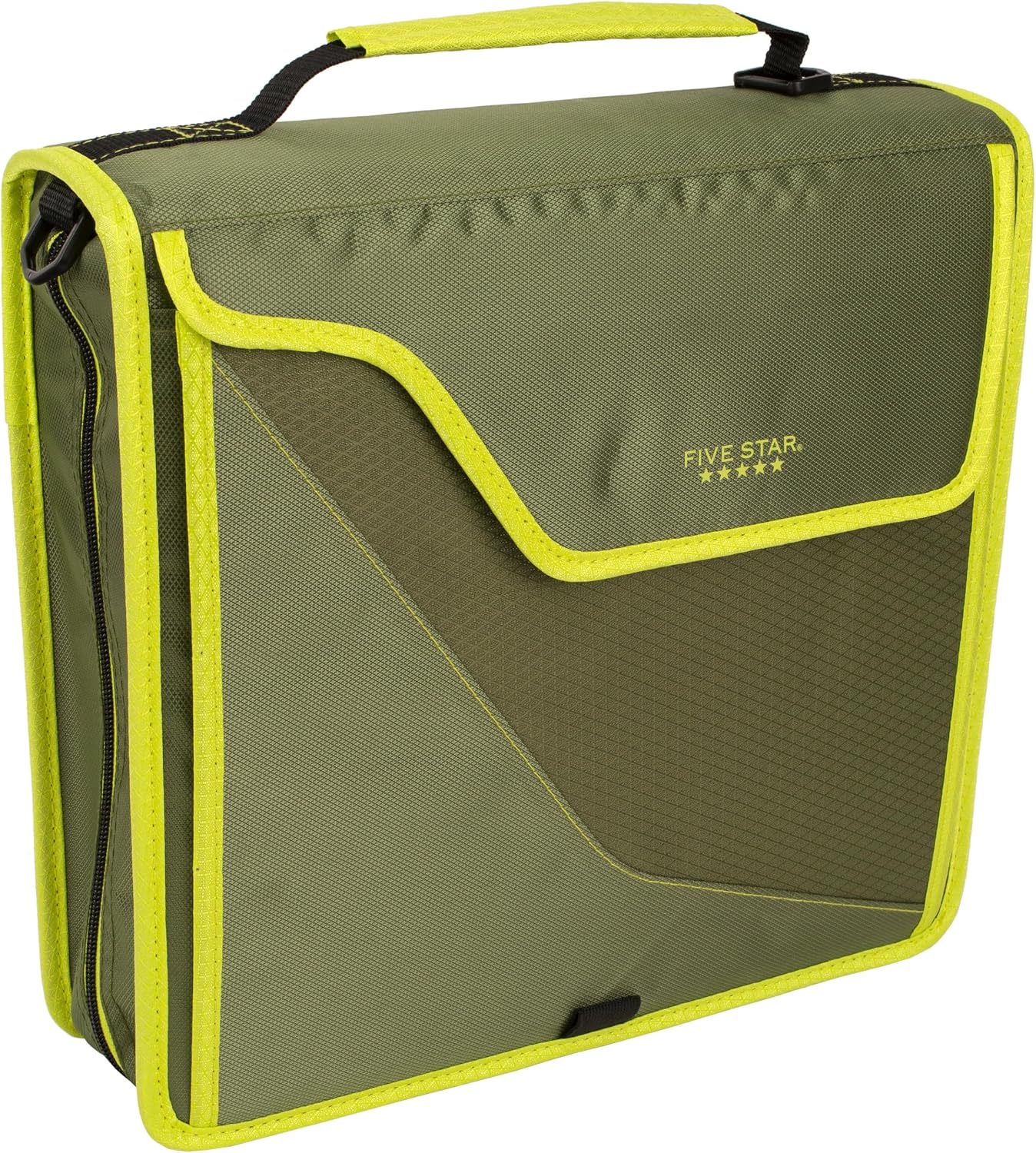 Five Star Zipper Binder, 3 Inch 3-Ring Binder with D Rings, Removable Padded Case, 5-Tab Expanding File and Multi-Use Strap, 850 Sheet Capacity, Olive/Citrus (292960C)