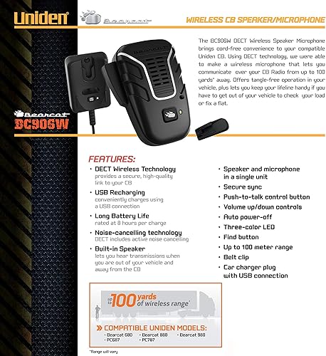 Miniatura 4 de Uniden BC906W Micrófono inalámbrico CB y altavoz en una sola unidad, rango de hasta 100 yardas, ahorro de energía inteligente, tecnología activa de