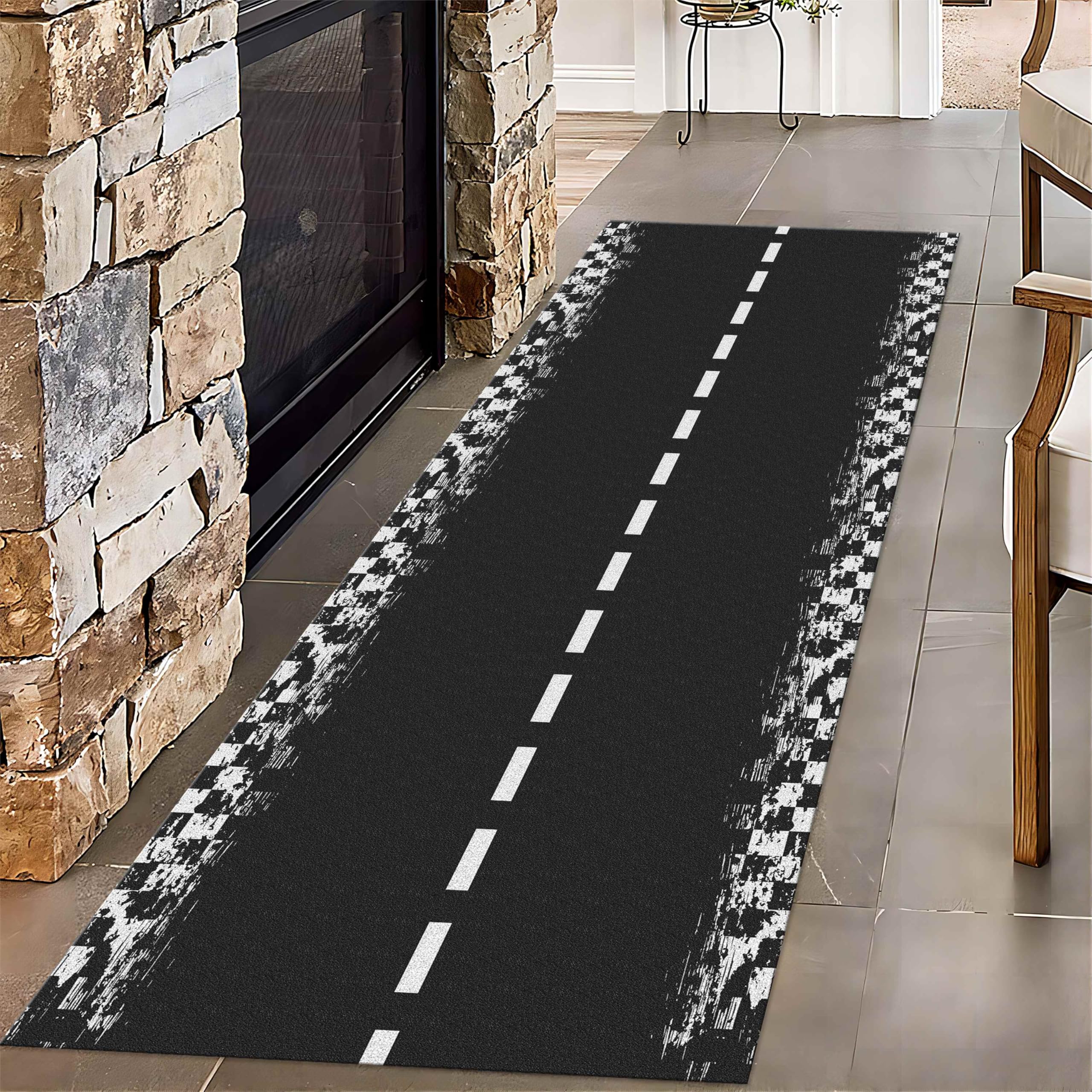 Racetrack Runner Rugs for Hallway, 2x10ft, Sports Car Competition Party Decorations Carpet, Dirty Resistant Machine Washable Rug, Soft Anti-Slip