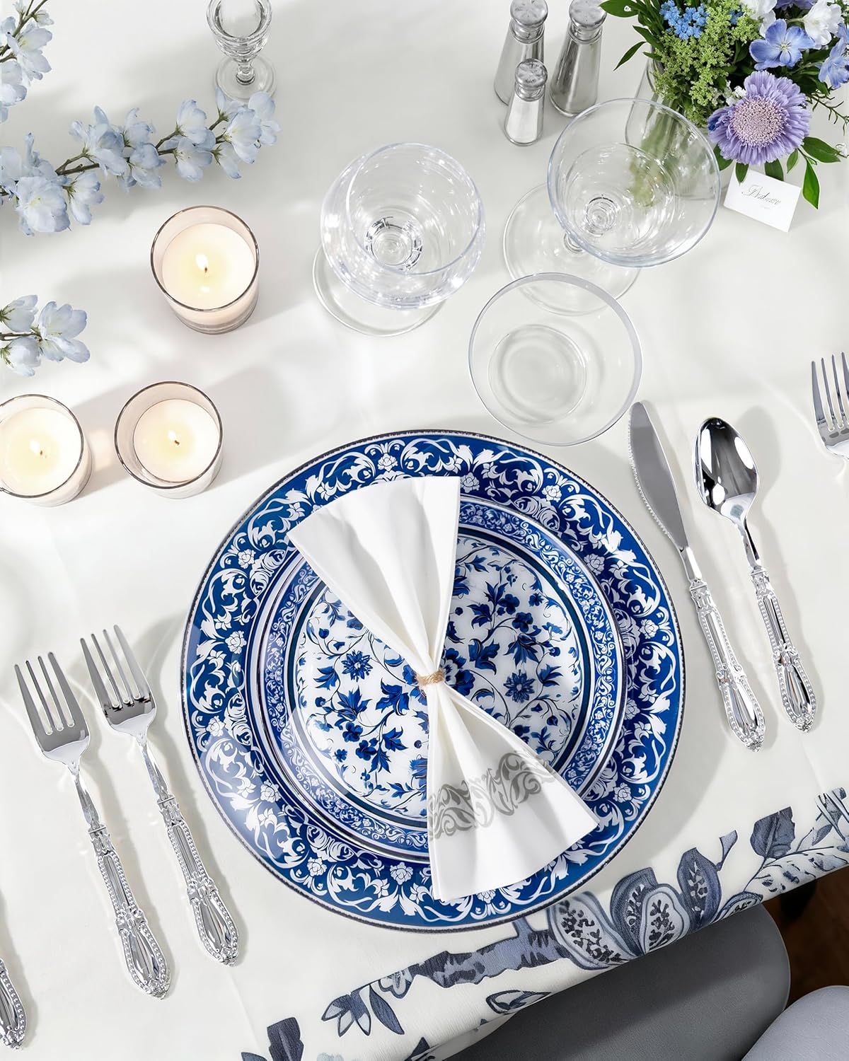 Hioasis 60pcs Blue Plastic Plates Set - Floral Blue & White Porcelain Design, 10.25" Dinner & 7.5" Dessert Plates Disposable for Wedding (Dishwasher Safe, Art Style) - Image 3