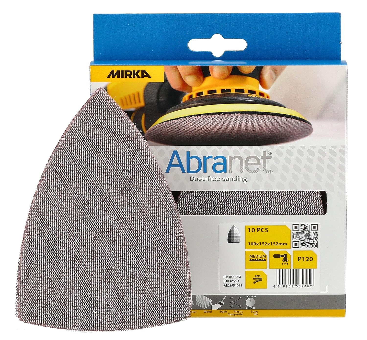 Mirka Abranet Delta Triangle Sanding Discs - 120 Grit - 10-Pack, Hook and Loop, Dust-Reducing Sandpaper for Orbital Sanders, Ideal for Wood, Metal, Paint, and More - 4"x6"x6"