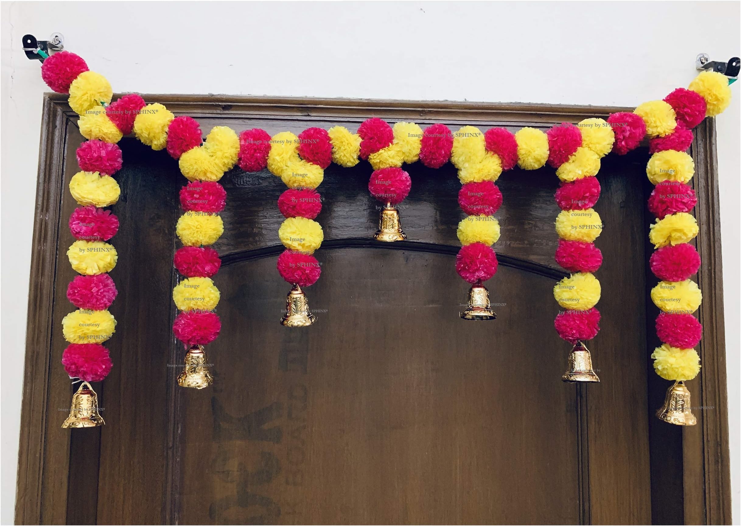 Sphinx Artificial Marigold Fluffy Flower Garlands Door Toran Set/Door Hangings for Decoration (Approx. 100 X 41 cms)- (Yellow & Dark Pink)