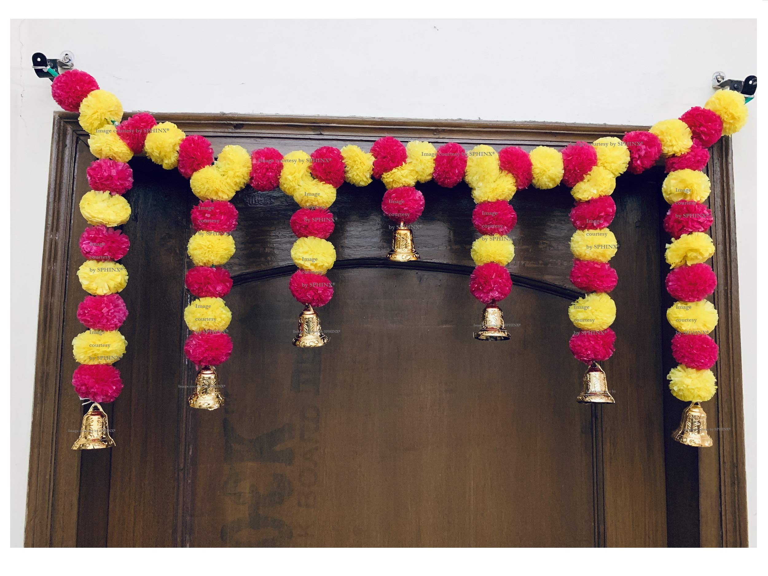Sphinx Artificial Marigold Fluffy Flower Garlands Door Toran Set/Door Hangings for Decoration (Approx. 100 X 41 cms)- (Yellow & Dark Pink)