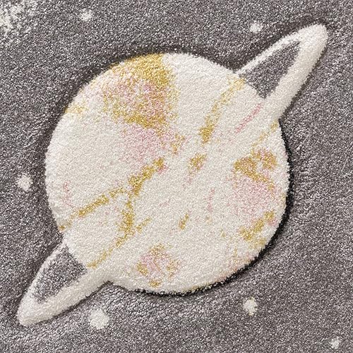 Miniatura 6 de Paco Home Alfombra infantil con diseño de galaxia espacial para guardería, planetas y estrellas en gris, tamaño 6 pies 7 pulgadas, redonda