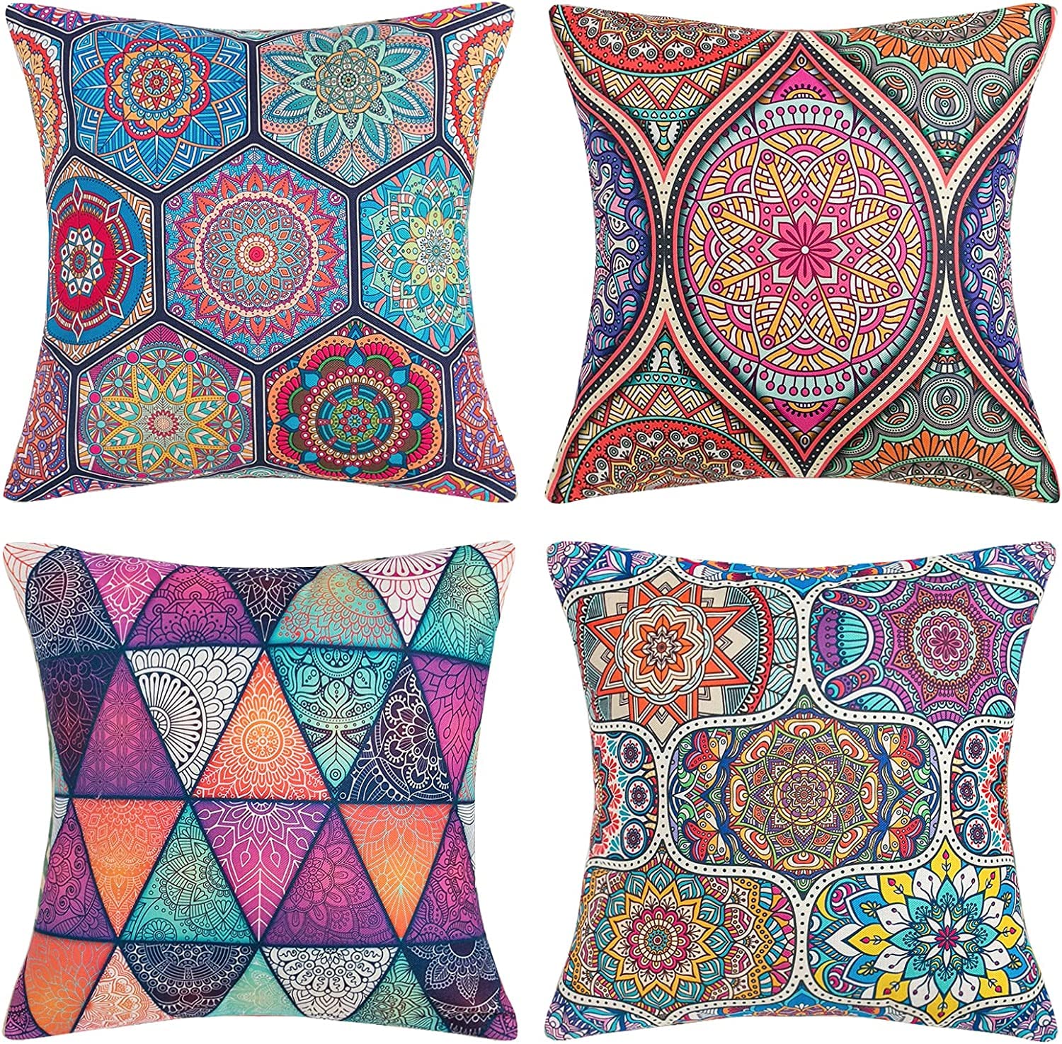 Fundas Cojines Sofa 50x50 Boho Mandala Funda de Almohada Decorativo Algodón Lino Funda Cojin Etnico Colores Funda para Cojin Cuadrado para Sofá Sillas Cama Salon Hogar Exterior Interior Juego de 4