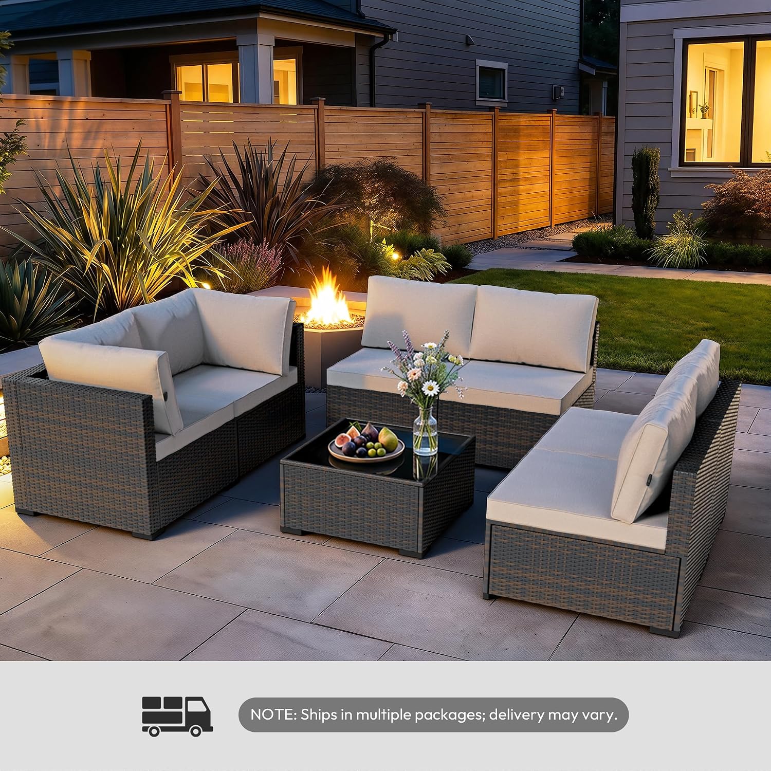 WWR Patio Furniture Set 7 Piece - All-Weather - Wicker Rattan Patio Outdoor Conversation Set, Modular Sectional Sofa for Backyard, Garden, Poolside, Balcony, Porch, Patio, Brown/Light Gray