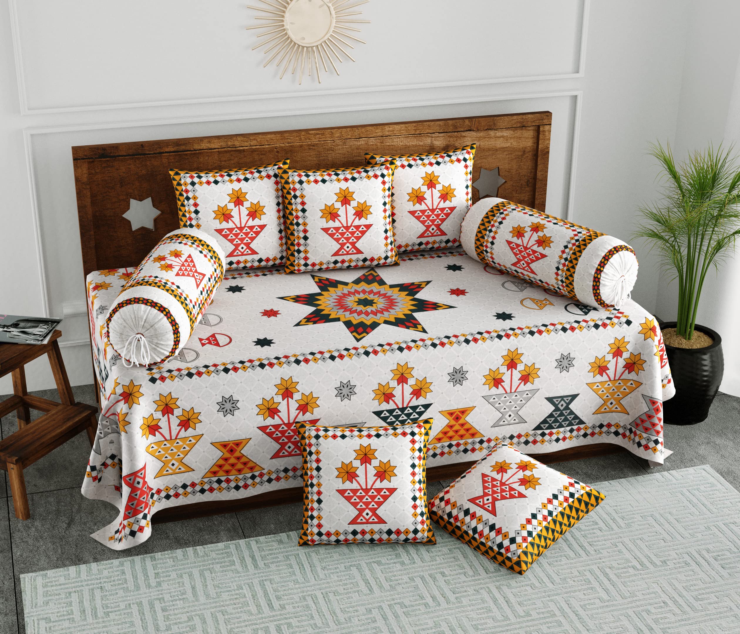 BLOCKS OF INDIA 200TC Diwan Set Cotton 8 Piece | Deewan Printed Bedsheet Sets for Living Room Hall (Set of 8 Piece, 1-Bed Sheet | 2-Bolster Cover | 5-Cushion Cover (Color 3)-image-42