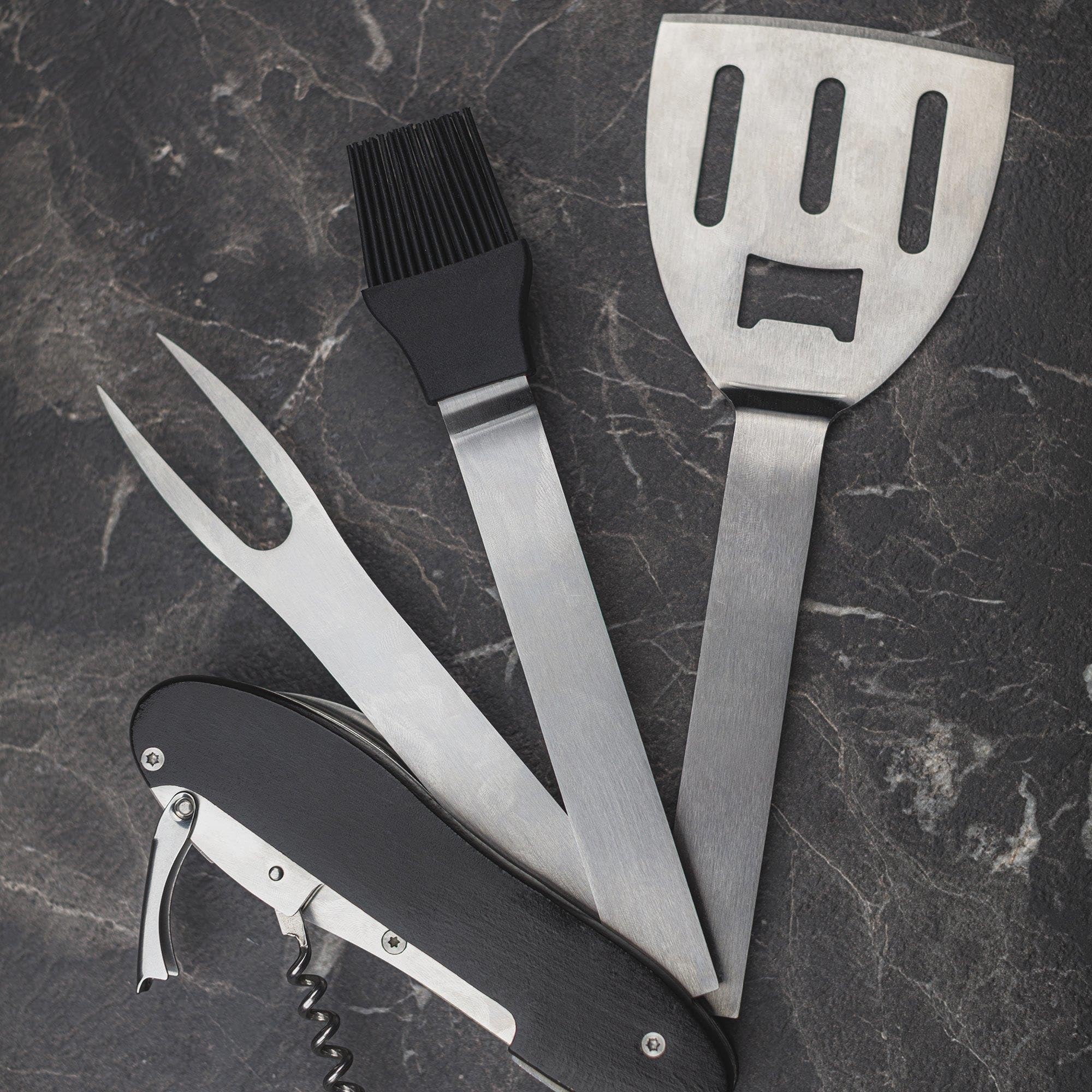 Well Home Barbacoa de 3 patas con Parrilla cromada en color negro 32x33x55cm + Set de Utensilios 5 en 1 para barbacoa Negro