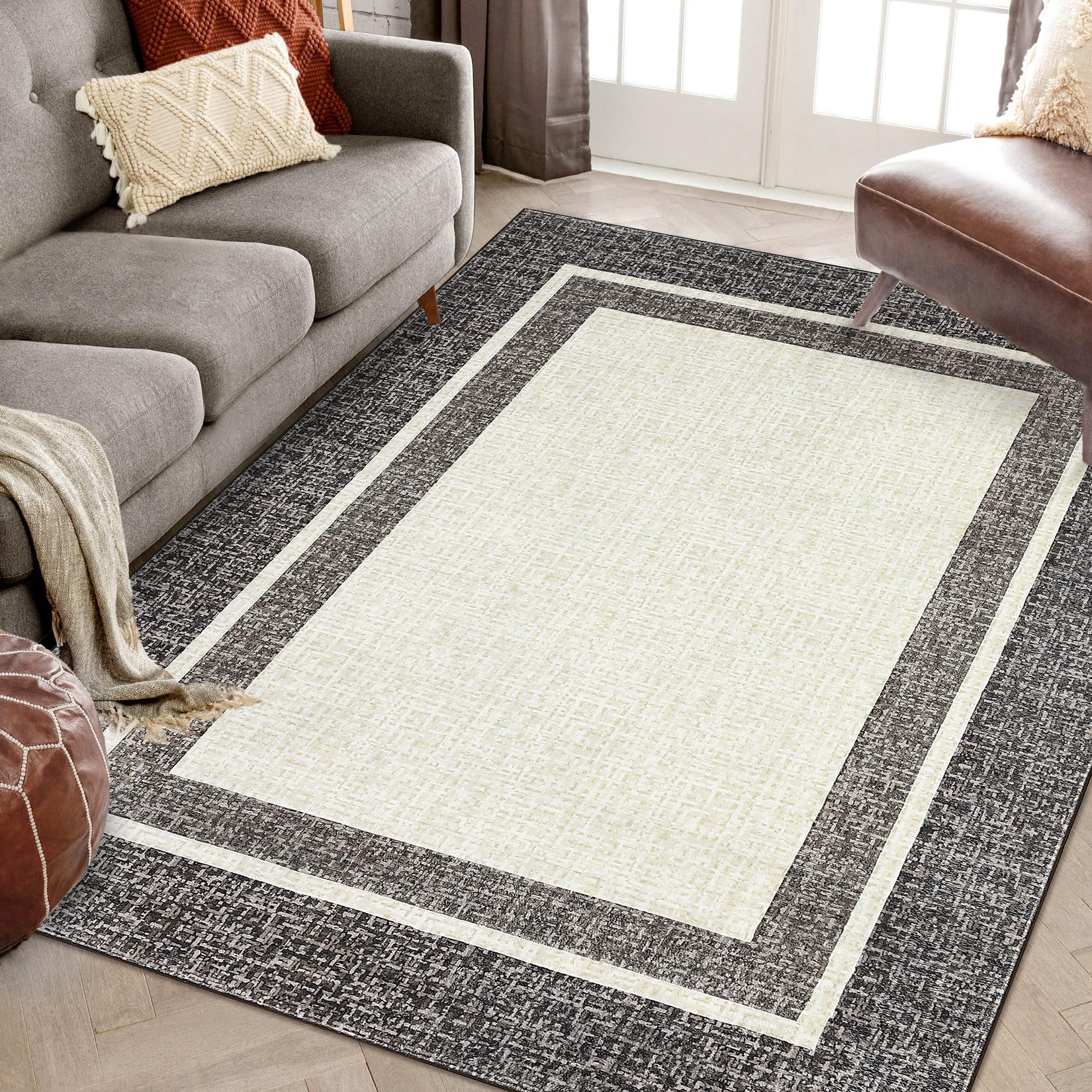 GarveeHome Modern Bordered 5x7 Area Rugs, Washable Rugs for Living Room, Non Slip Low Pile Accent Rug, Non Shedding Indoor Throw Carpet for Bedroom