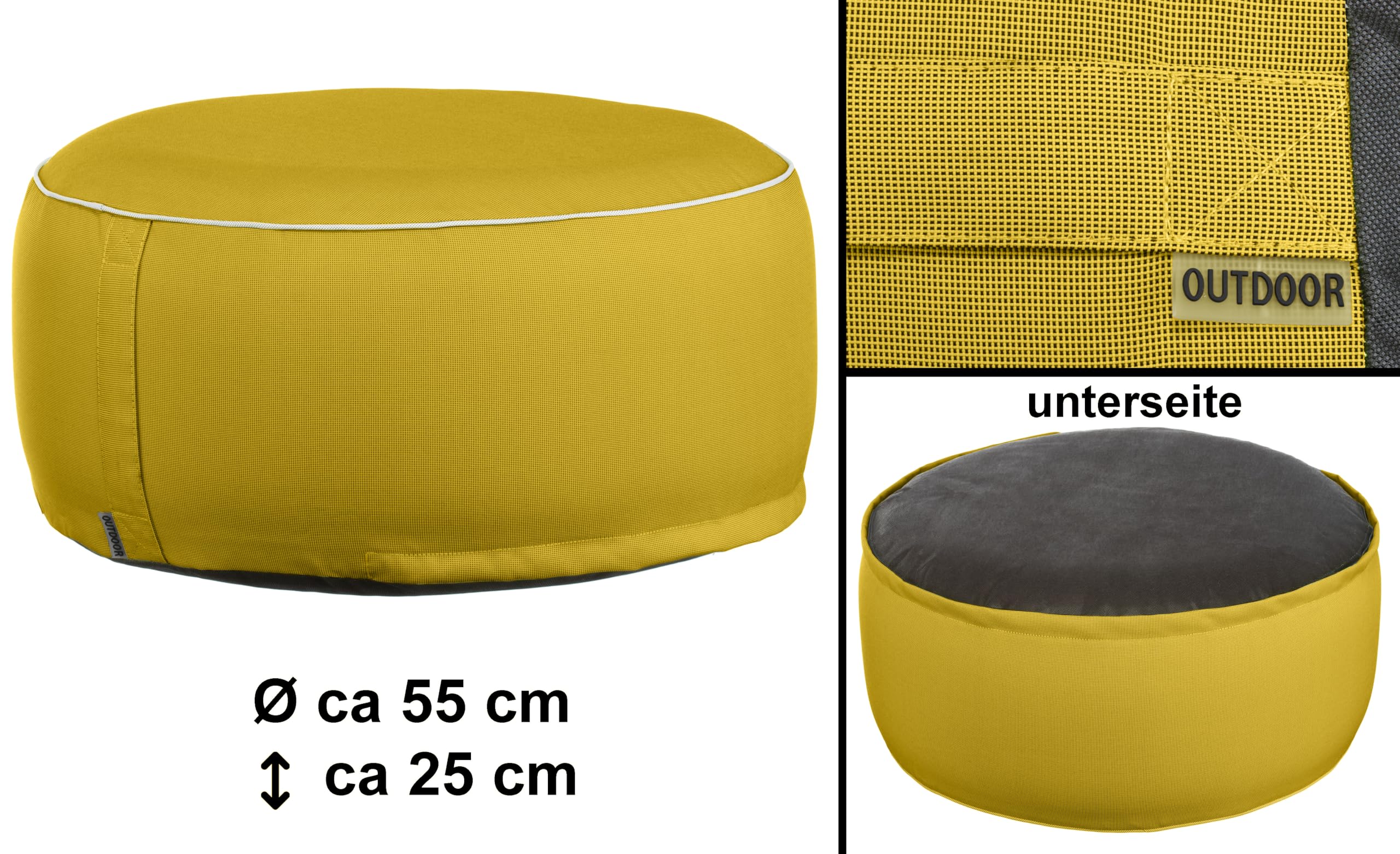 Brandsseller Puf hinchable para exteriores, 55 x 25 cm de diámetro, resistente al agua, para jardín, terraza, salón y playa, resistente a la intemperie y fácil de limpiar, color amarillo