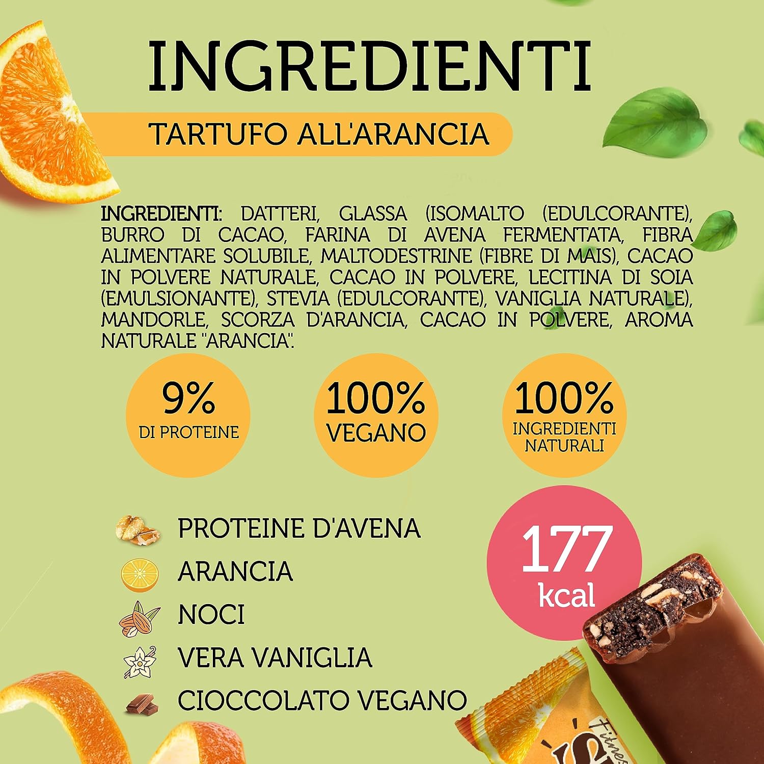 FitnesSHOCK Barrette vegane Mix Box Barrette di frutta, 9% di proteine di avena, noci e arancia/lampone 100% vegane e al cioccolato naturale Snack sano senza lattosio e zuccheri raffinati, 12x45g Mix Box 45g - Immagine 3