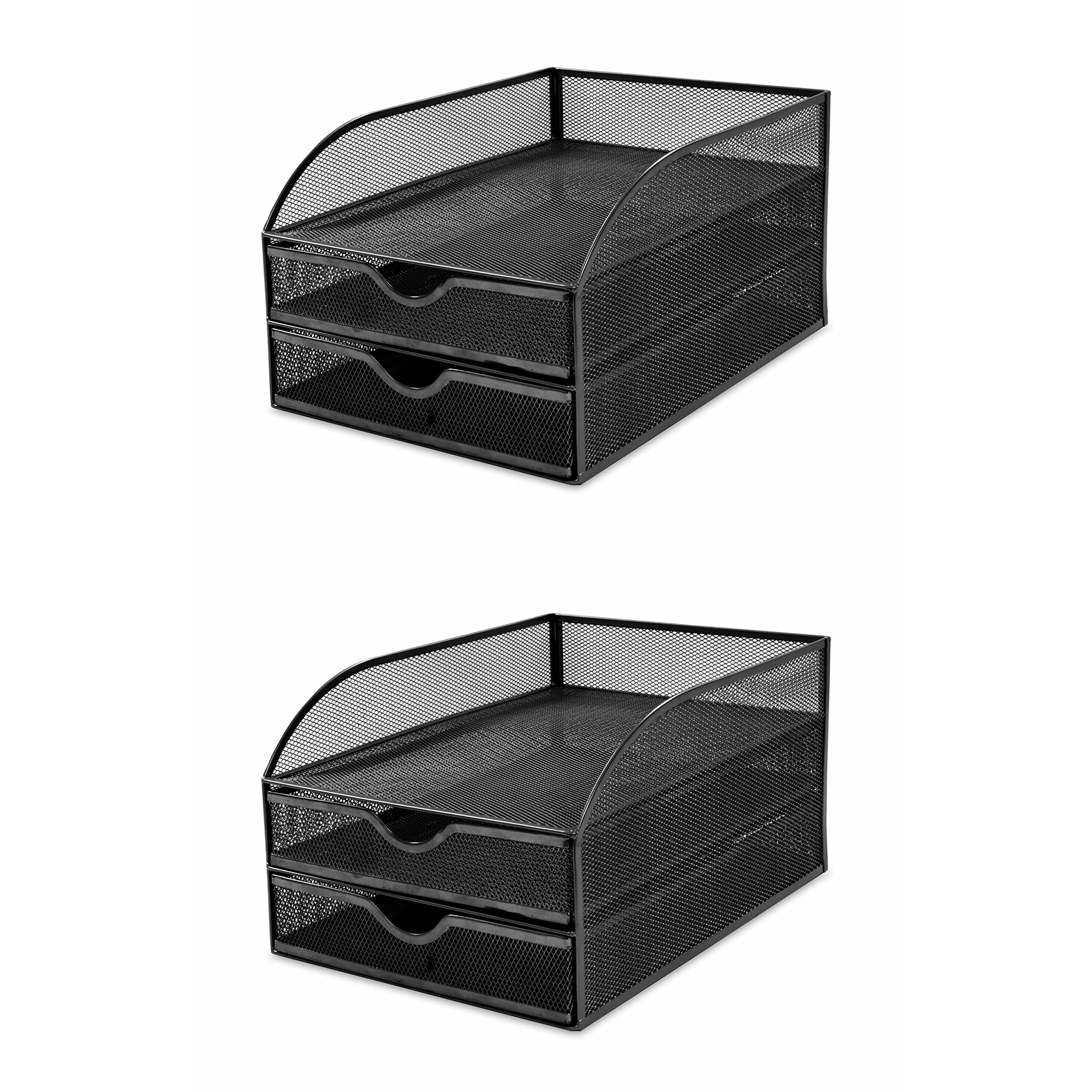 OSCO Black Wiremesh 2 Drawer Sorter with Letter Tray | 2 Pack | A4 | Drawers | Desk Tidy | Document Storage | Paperwork Organiser | File Holder | H18.5 X W25 x D34.2 cm