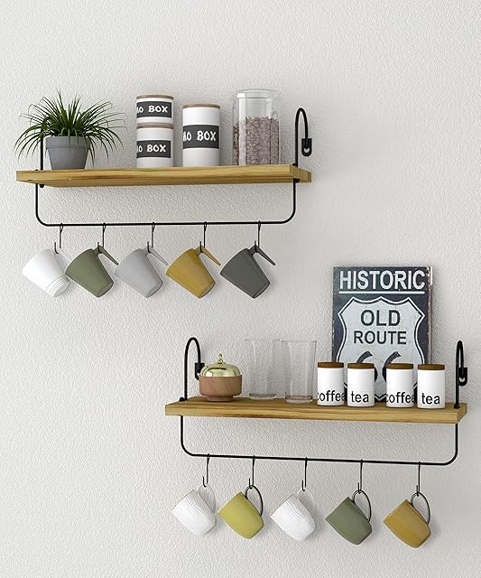 Petrala Wooden Wall Shelf Coffee Bar Kitchen Shelf Floating Shelves Set of 2 Wall Shelves with Towel Holder Hooks Rustic Vintage Industrial Design Hanging Shelves for Bathroom Living Room Cup Shelf