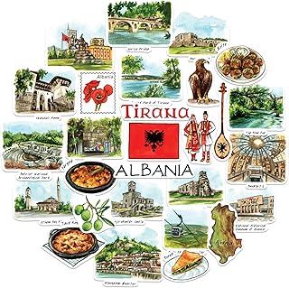 Navy Peony Adventurous Albania Travel Stickers (28pcs) - Hand Illustrated, Tirana, Albanian Heritage-Themed Decals for Journals, Scrapbooks, Luggage
