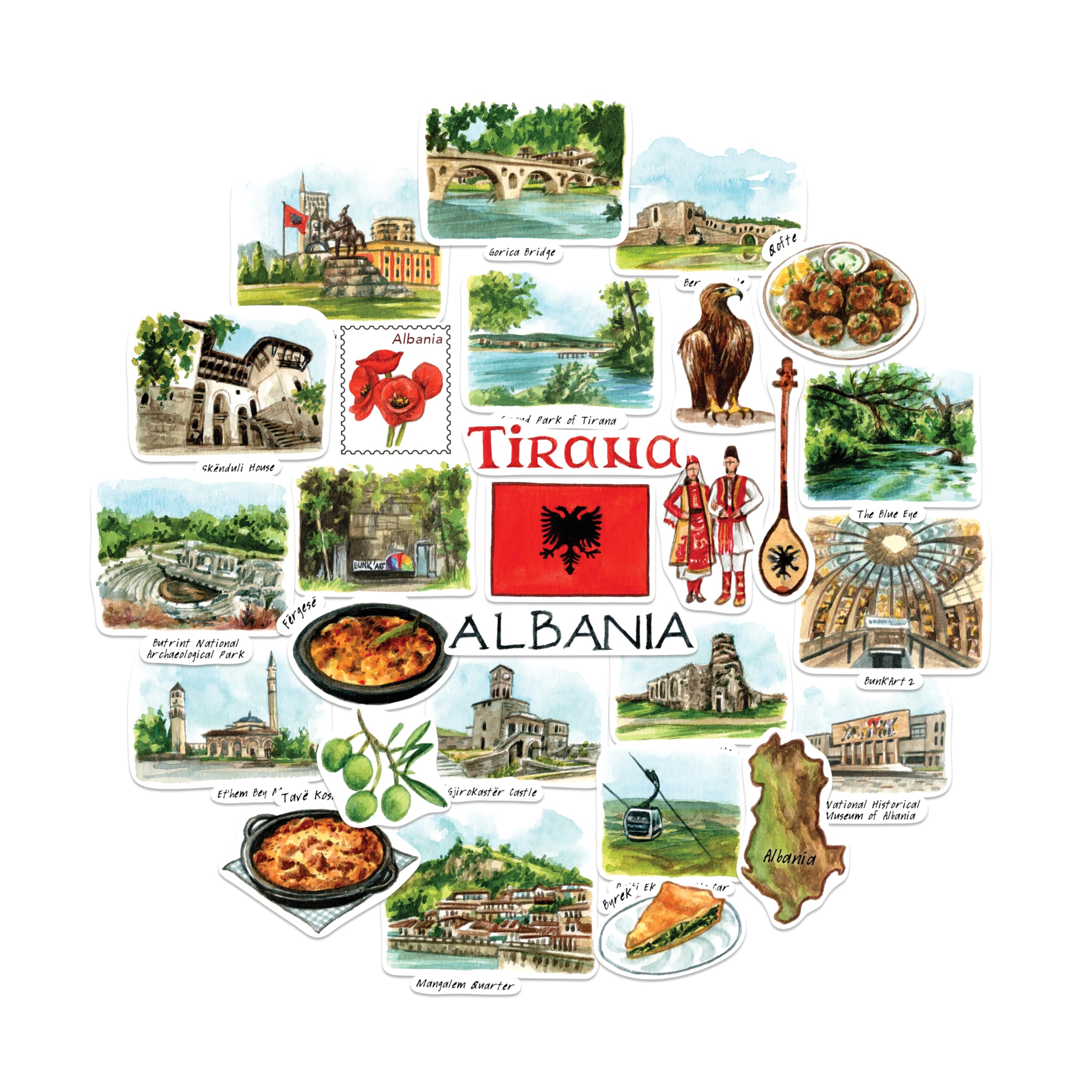 Navy Peony Multi Adventurous Albania Travel Stickers (28Pcs) - Hand Illustrated, Tirana, Albanian Heritage-Themed Decals For Journals, Scrapbooks, Luggage