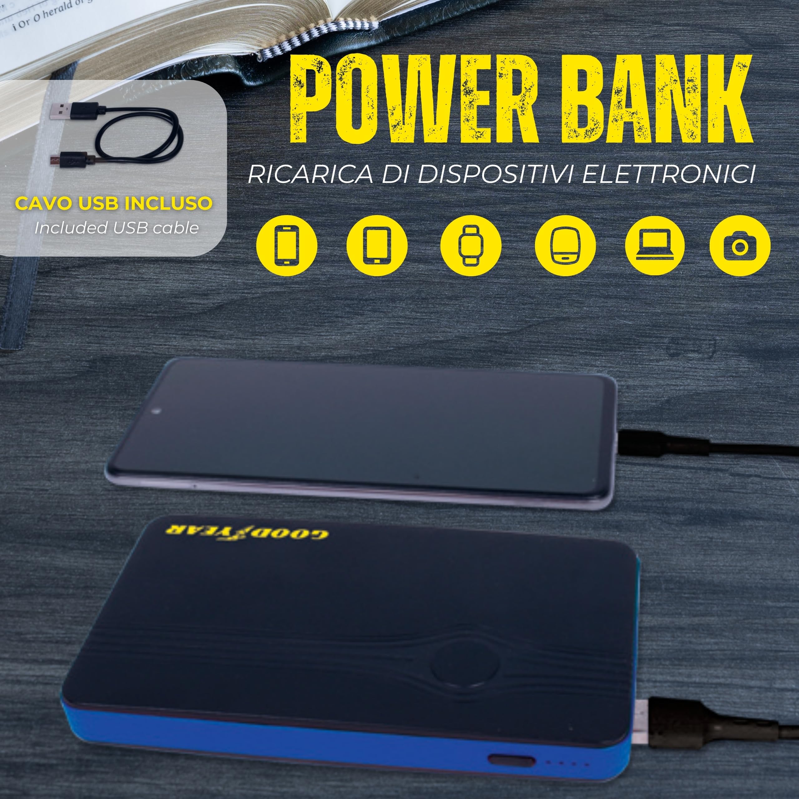 Goodyear, Arrancador de Emergencia de 8000 mAh, multifunción, batería de Litio, para vehículos a Gasolina/diésel, función Banco de energía, Linterna LED con 3 Modos de Uso