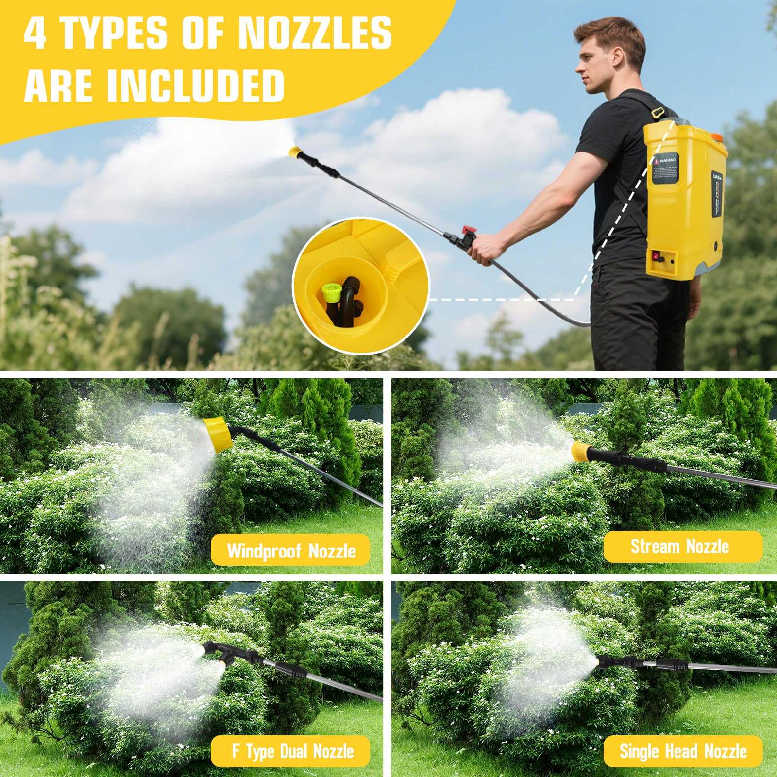 Akku-Rückenspritze 20L, 100 PSI Druckspritze, kompatibel mit Dewalt 20V, Rückenspritze mit 4 Düsen, 5,3 Gallonen für Garten, Sprühen und Reinigen (ohne Akku)