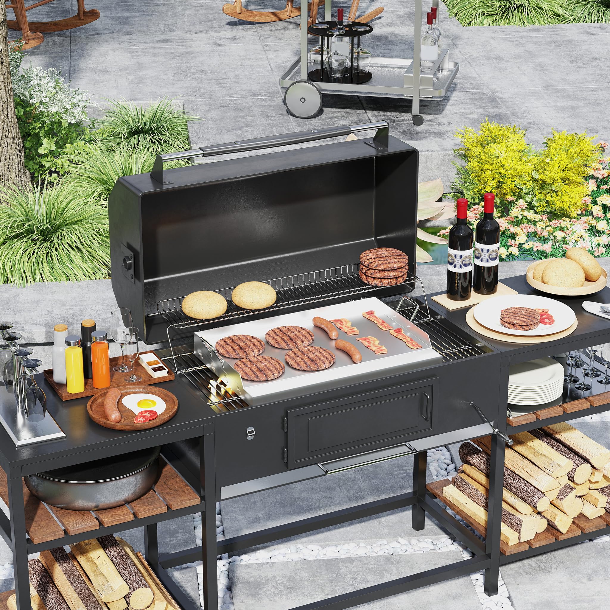 FIVMEN Plancha płyta grillowa ze stali nierdzewnej, 58 x 32 cm, uniwersalna patelnia grillowa, płyta grillowa, płyta ze stali nierdzewnej, do grilla gazowego, grilla na węgiel drzewny, z 2 uchwytami