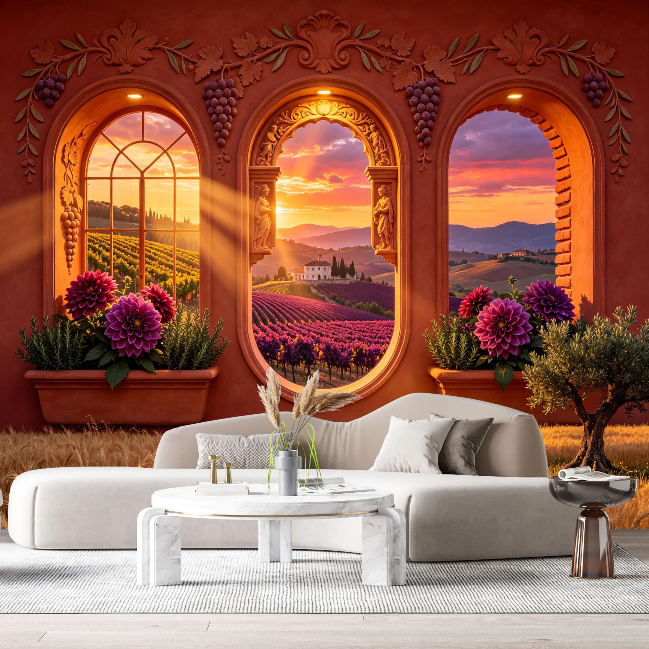 Custom Size Wall Murals Tuscan Vineyard Sunset 3D Trompe L’oeil Mediterranean Archway Floral SelfAdhesive Wall Fabric Removable Large Wallpaper Photo for Living Room