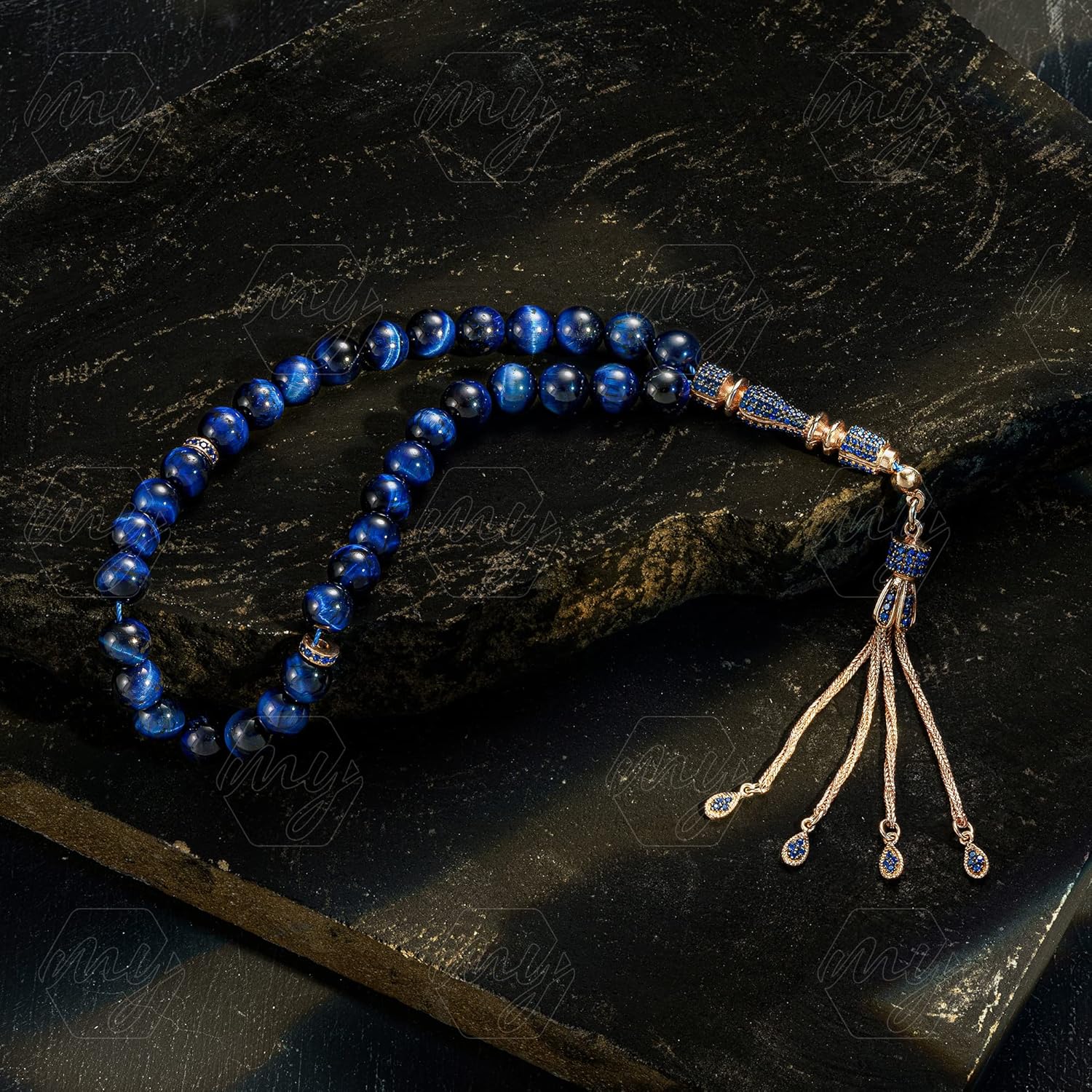 Solid 925 Sterling Silver Tassel Blue Tiger's Eye Stones Islamic 33 Prayer Beads Tasbeeh Misbaha