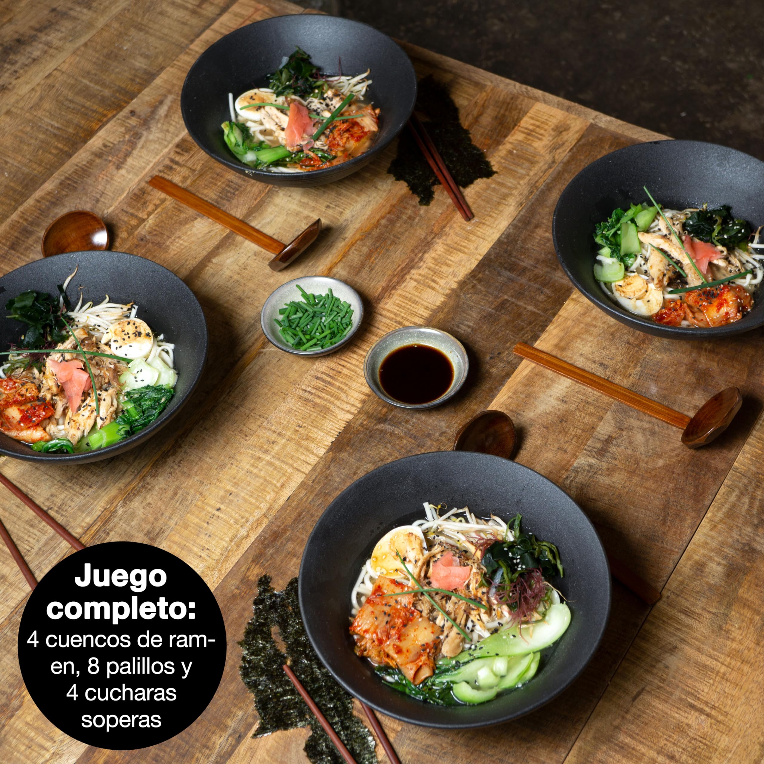 Moritz & Moritz 4 x Cuenco Ramen Japones - 24 cm Ø - Juego Vajilla Japonesa de Cerámica y Madera de Sándalo Para Sopa, Pho y Poke Bowl
