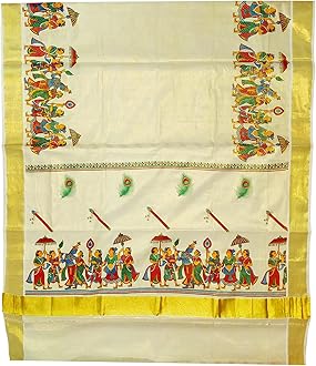 Women's Mural Printed Kerala Gold Tissue Saree with Running Blouse