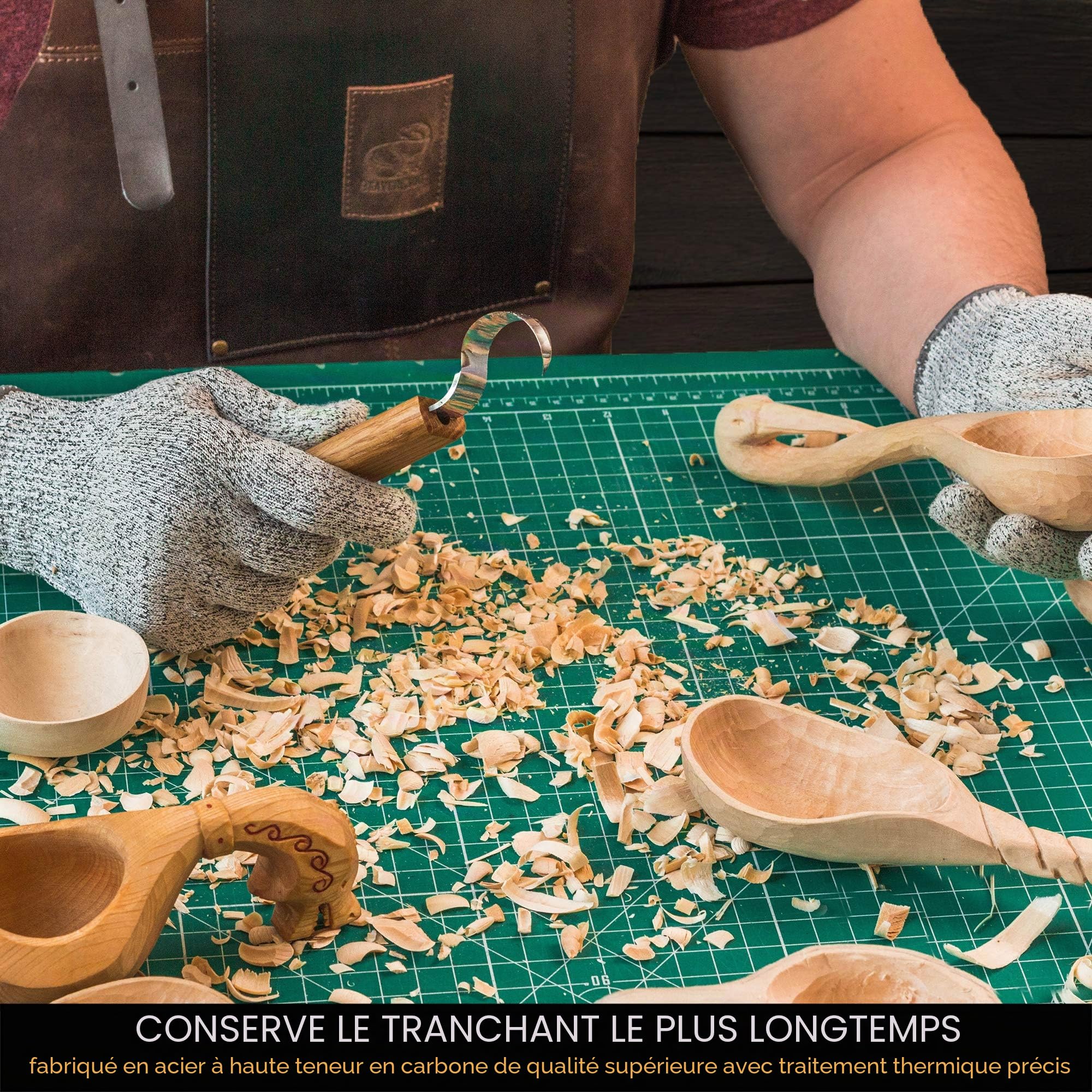 BeaverCraft Couteau à crochet pour sculpture sur bois SK1S Couteau à sculpter les cuillères avec fourreau en cuir