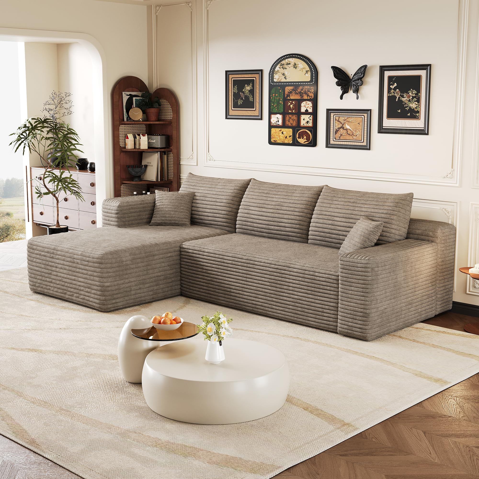 Moderne canapé d'angle Convertible, 239 cm canapé compressé avec méridienne en Forme de L, canapé d Angle modulaire rembourré à Assise Profonde pour Salon(Camel, Angle à Gauche)
