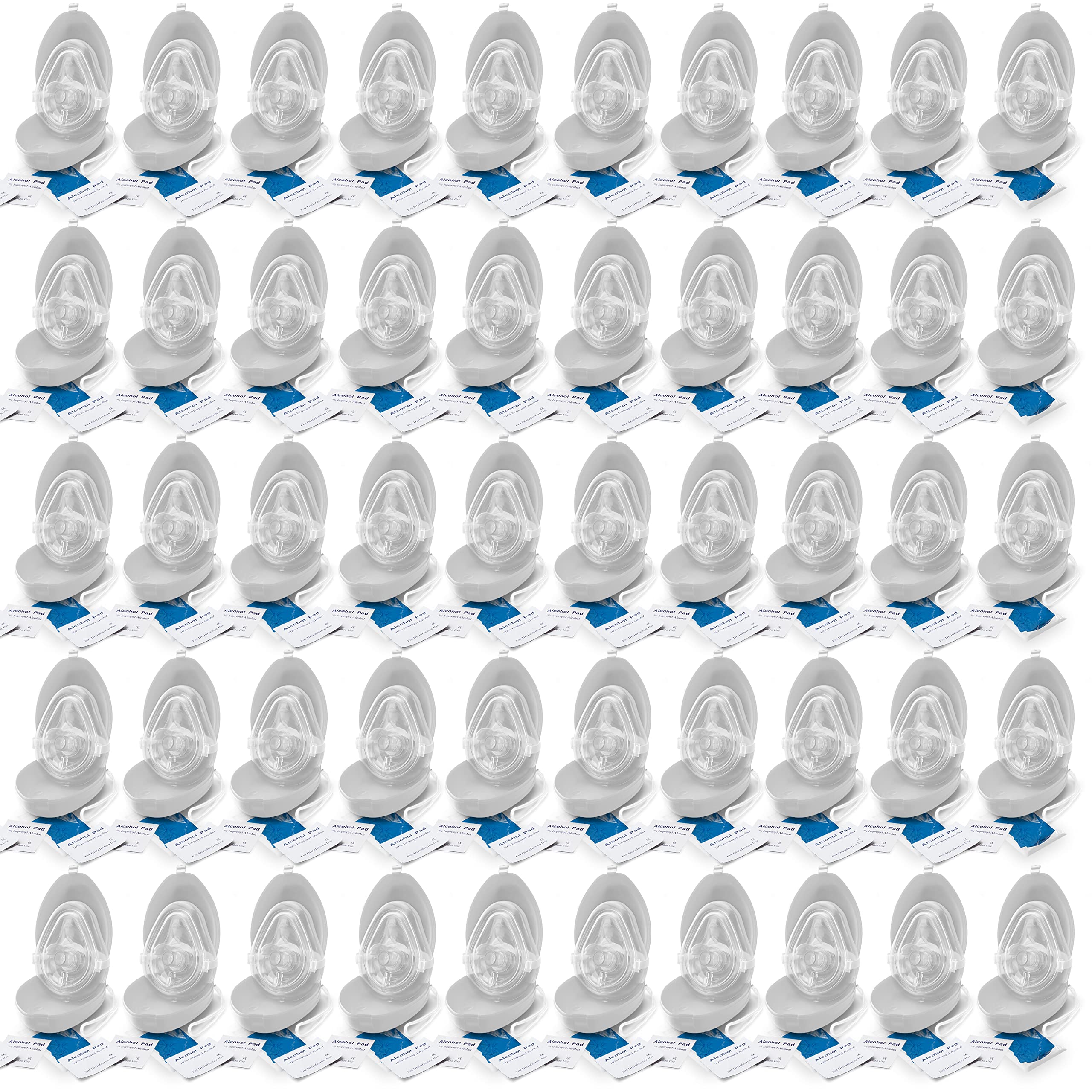 EMS XTRM Medical CPR Rescue Mask, Adult/Child Pocket Resuscitator, Hard Case with Wrist Strap, Pocket CPR Mask w/O2 with Gloves - 50 Pack