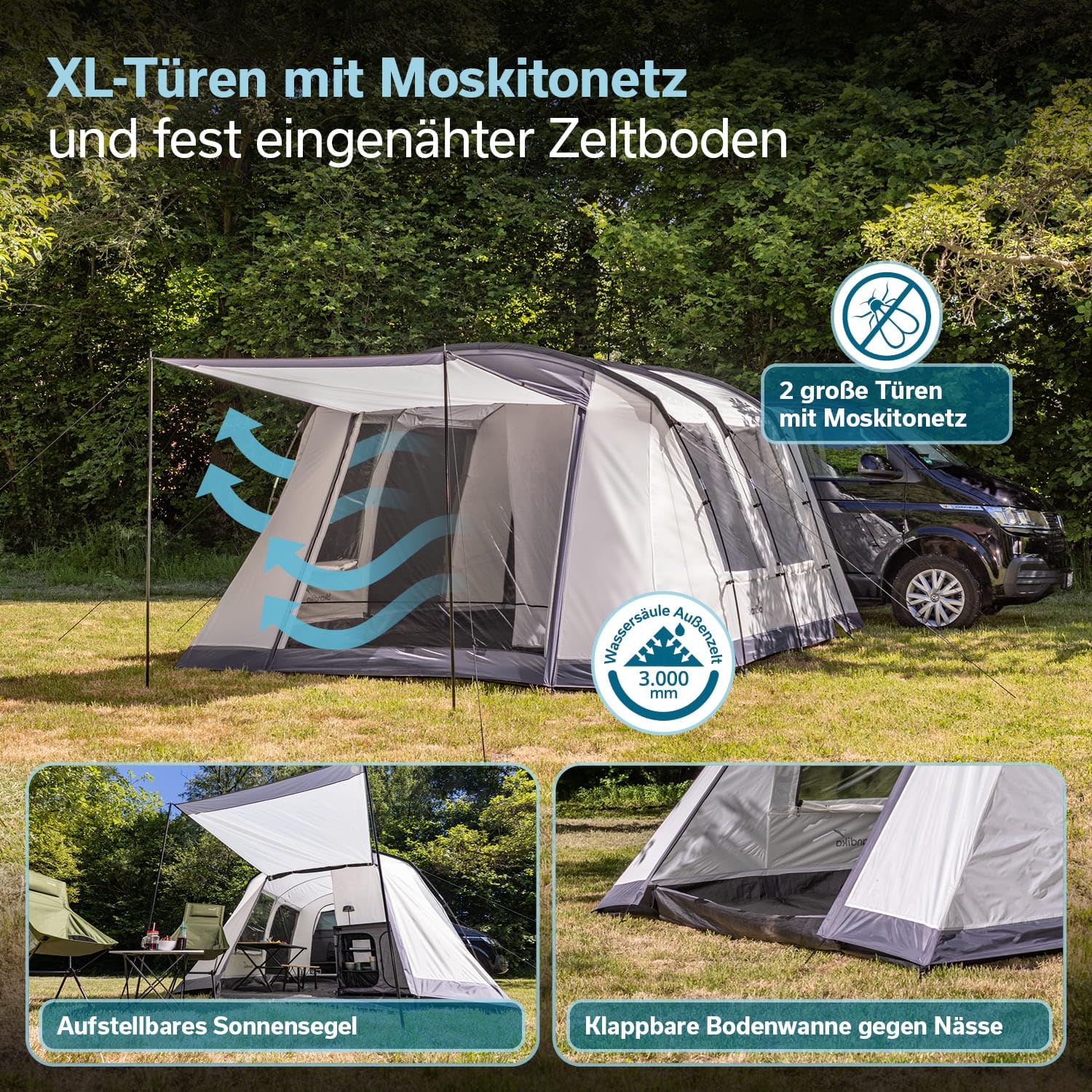 Skandika Busvorzelt Camper Tramp 2 Protect XL | Vorzelt für 2-4 Personen, eingenähter Boden, wasserdicht, 3000 mm Wassersäule, freistehend nutzbar | Zelt für Van, Minivan, Outdoor, Camping, Roadtrip
