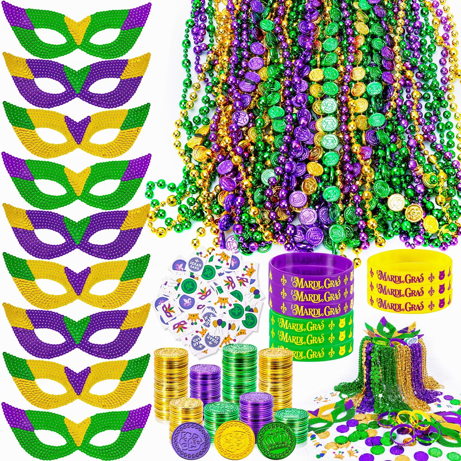 MGparty 216 PCS Mardi Gras Accessories - Masks Beads Necklaces Coins Tattoos Bracelets Carnival Parade Masquerade Party Decorations Supplies