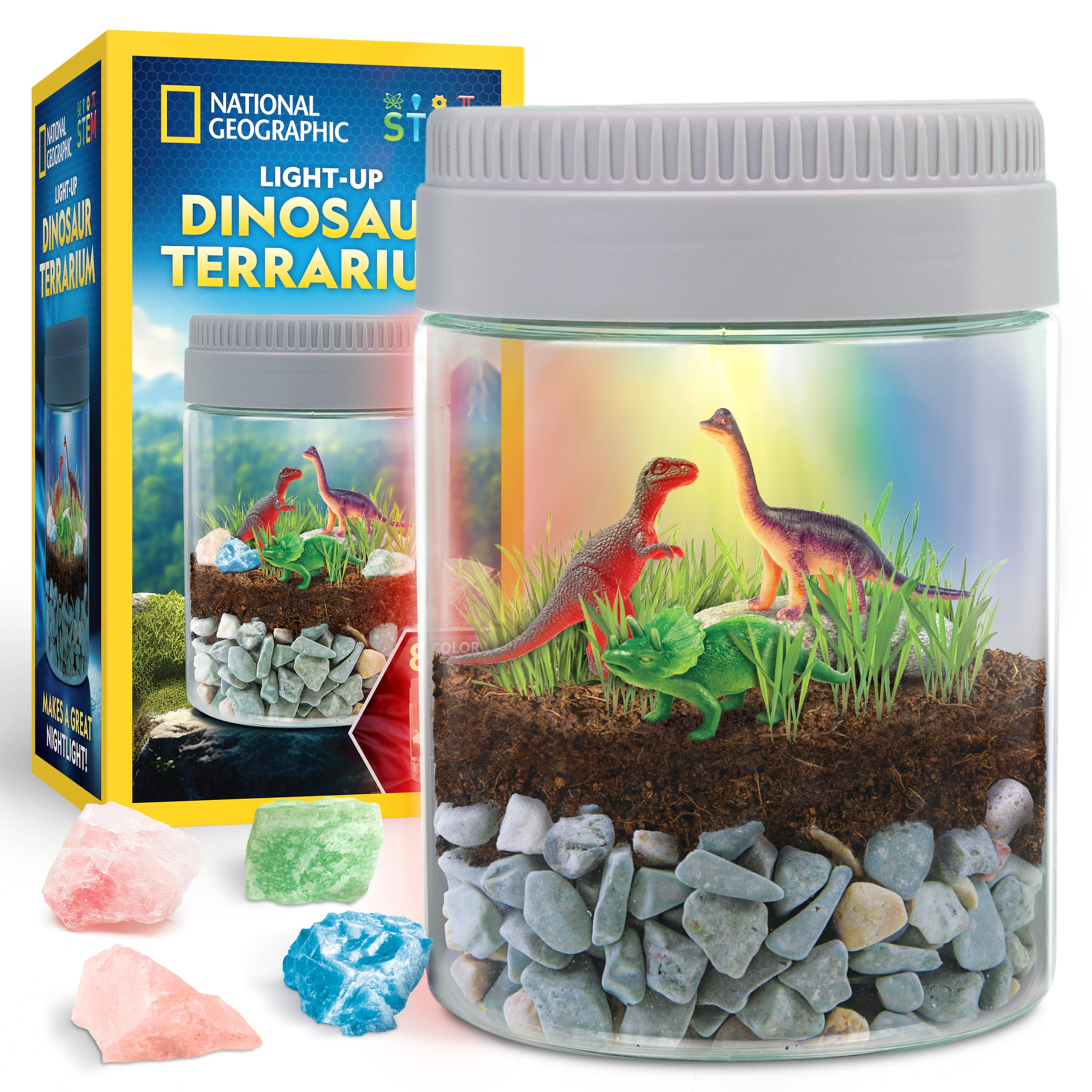 National Geographic Dinosaur Terrarium Kit for Kids, Multicolor Light Up Terrarium, Build a Dino Habitat with Real Plants