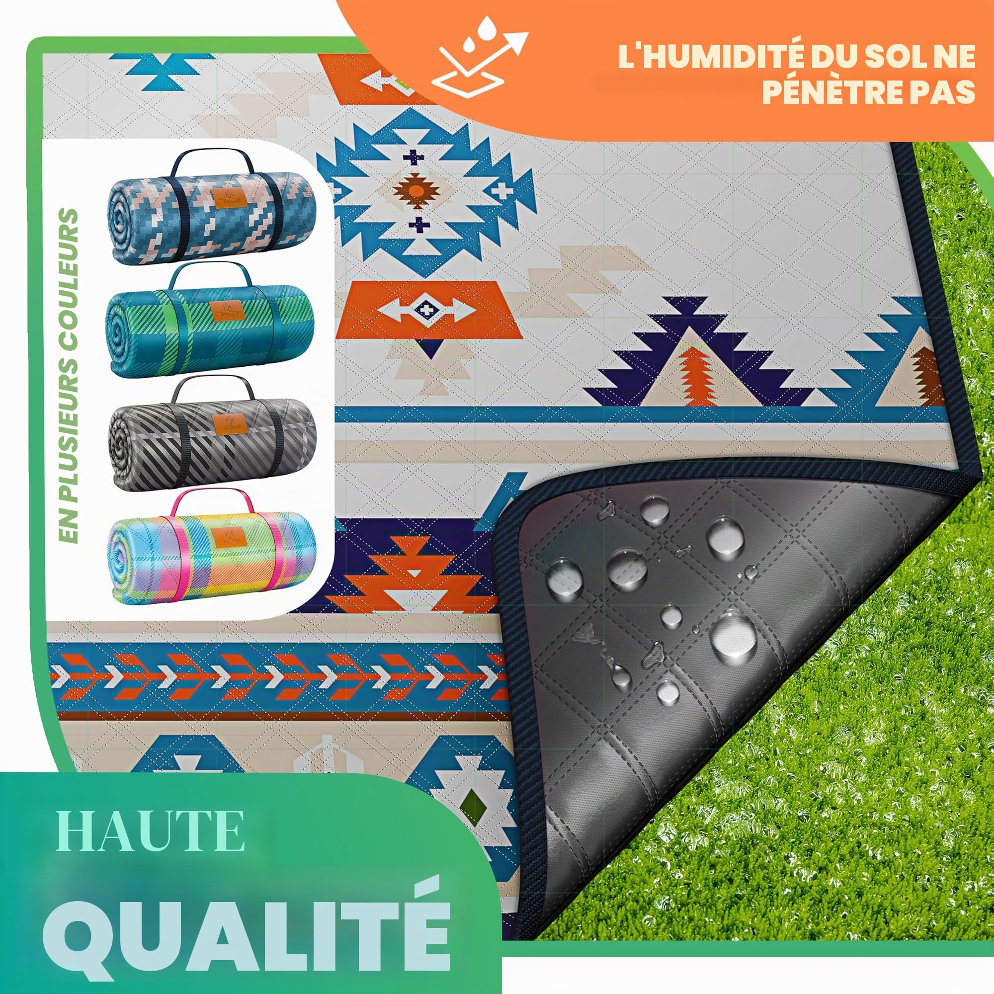 KESSER Couverture de pique-nique, de camping, de plage, 200 x 200 cm, avec dessous imperméable, 3 couches, confortable, avec poignée de transport, pour la plage et le camping, grande couverture