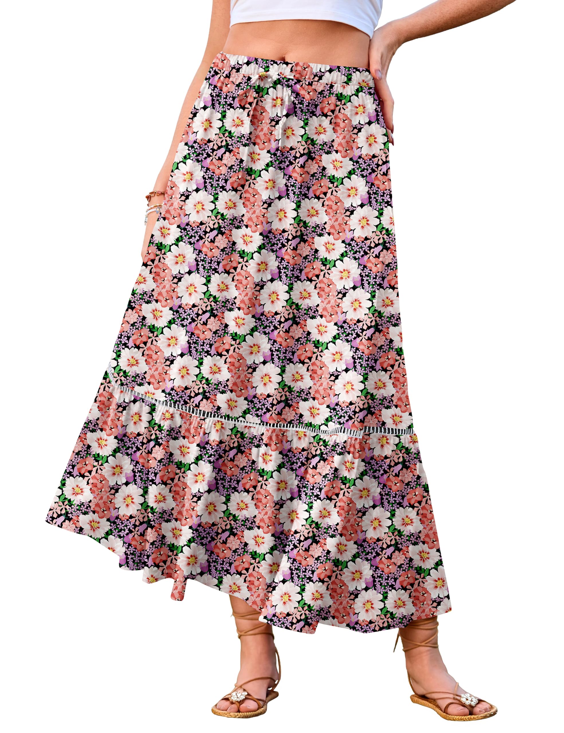 WeciBor Womens Floral Flowy Midi Skirts with Pockets High Waisted A Line Tiered Long Skirts Beach Vacation Outfits