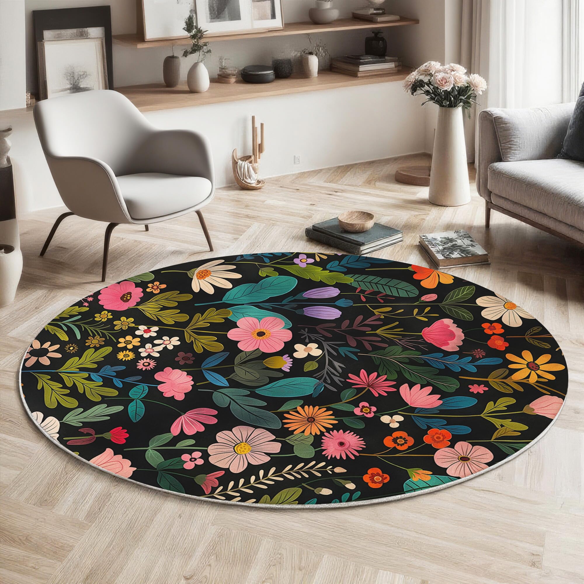 Tapis rond salon antidérapant pour protéger le sol avec élégance fleurie 180cm