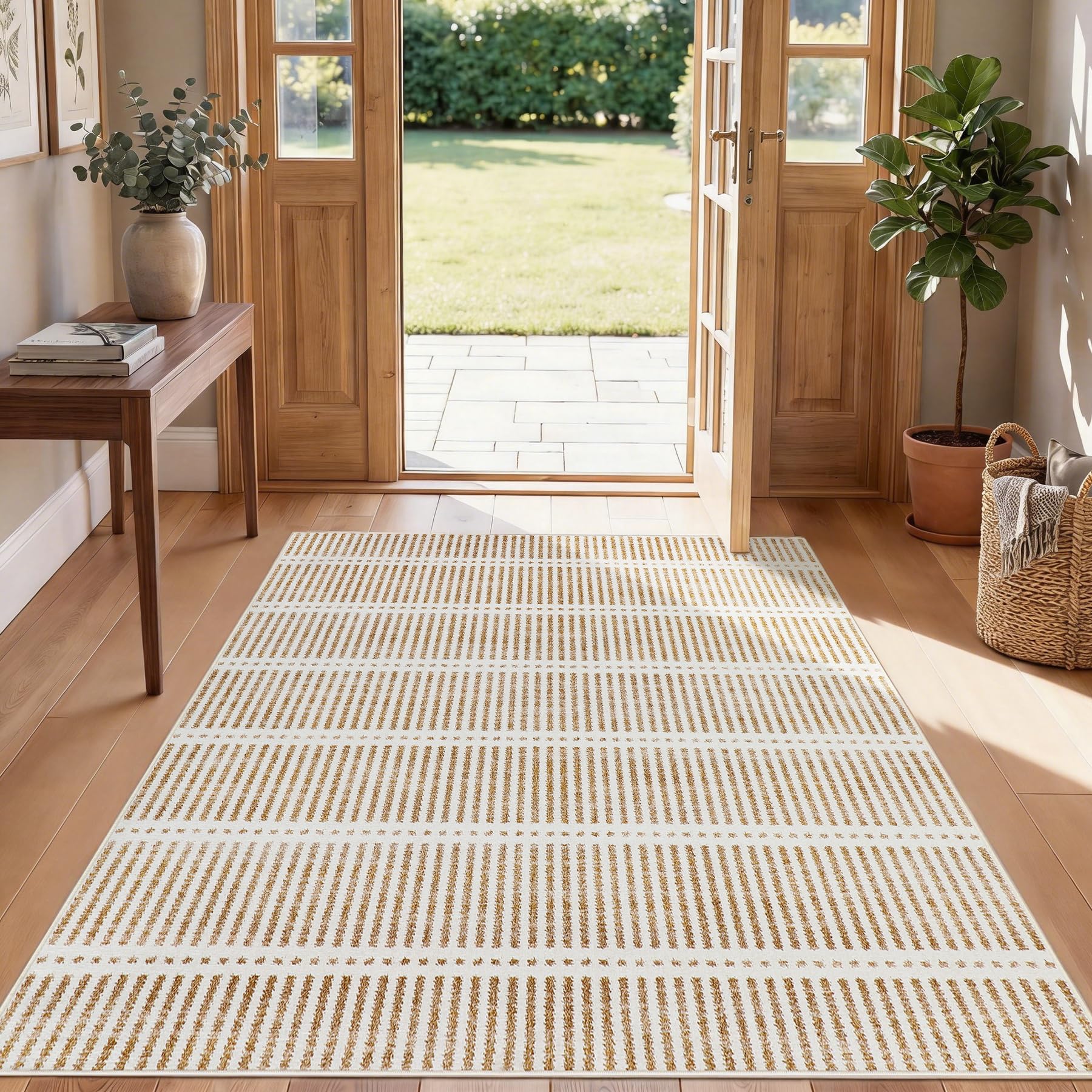 Tribesigns Alfombra moderna de 160 x 230 cm, para salón, dormitorio, comedor, alfombra suave y antideslizante, estilo casa de campo a rayas ultradelgada, con certificación Öko-Tex