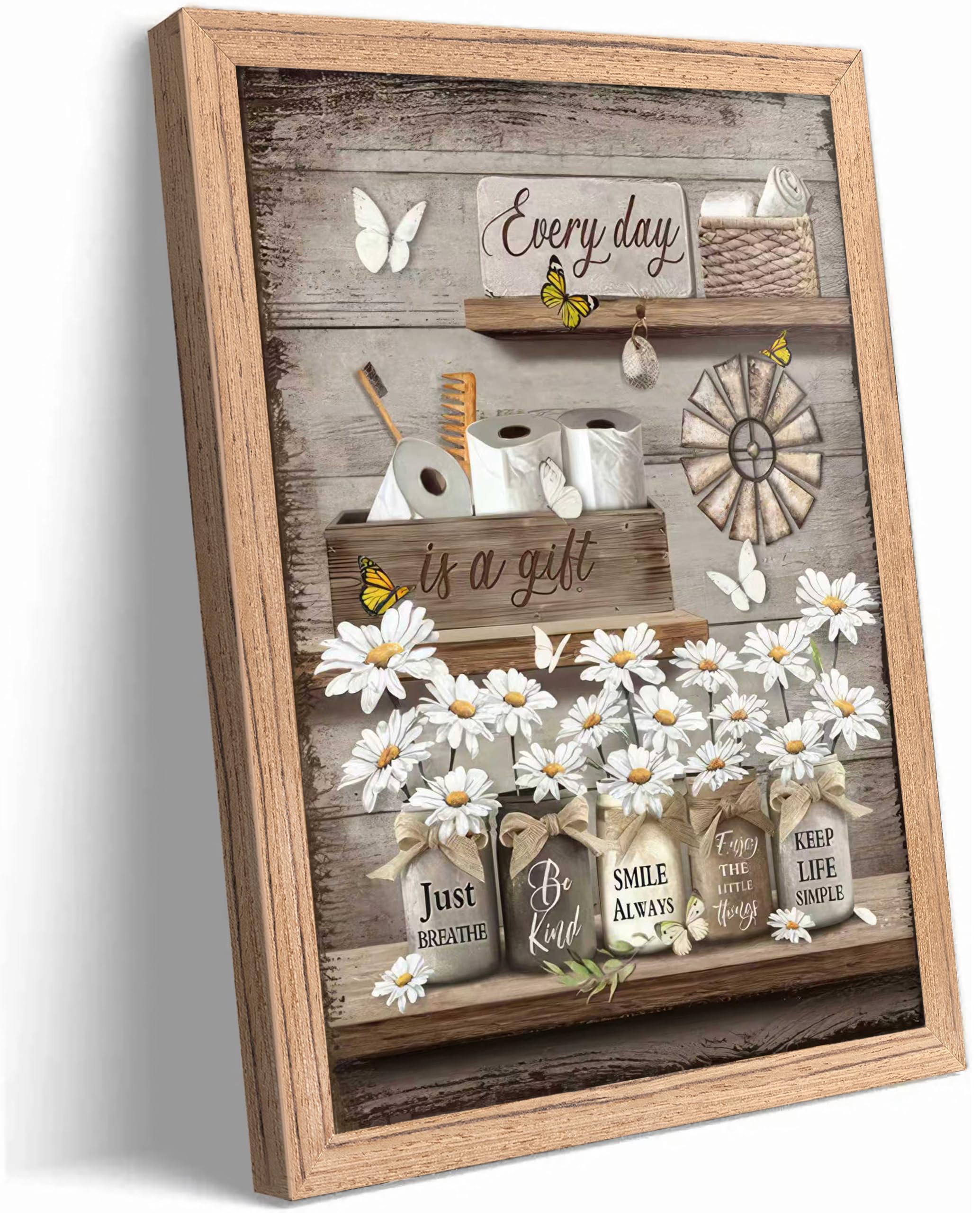 Framed Farmhouse Bathroom Canvas Wall Art Vintage Country Daisy Butterfly Painting Picture Wall Decor Retro Inspirational Quotes Floral Poster Print Artwork for Restroom Bedroom Living Room