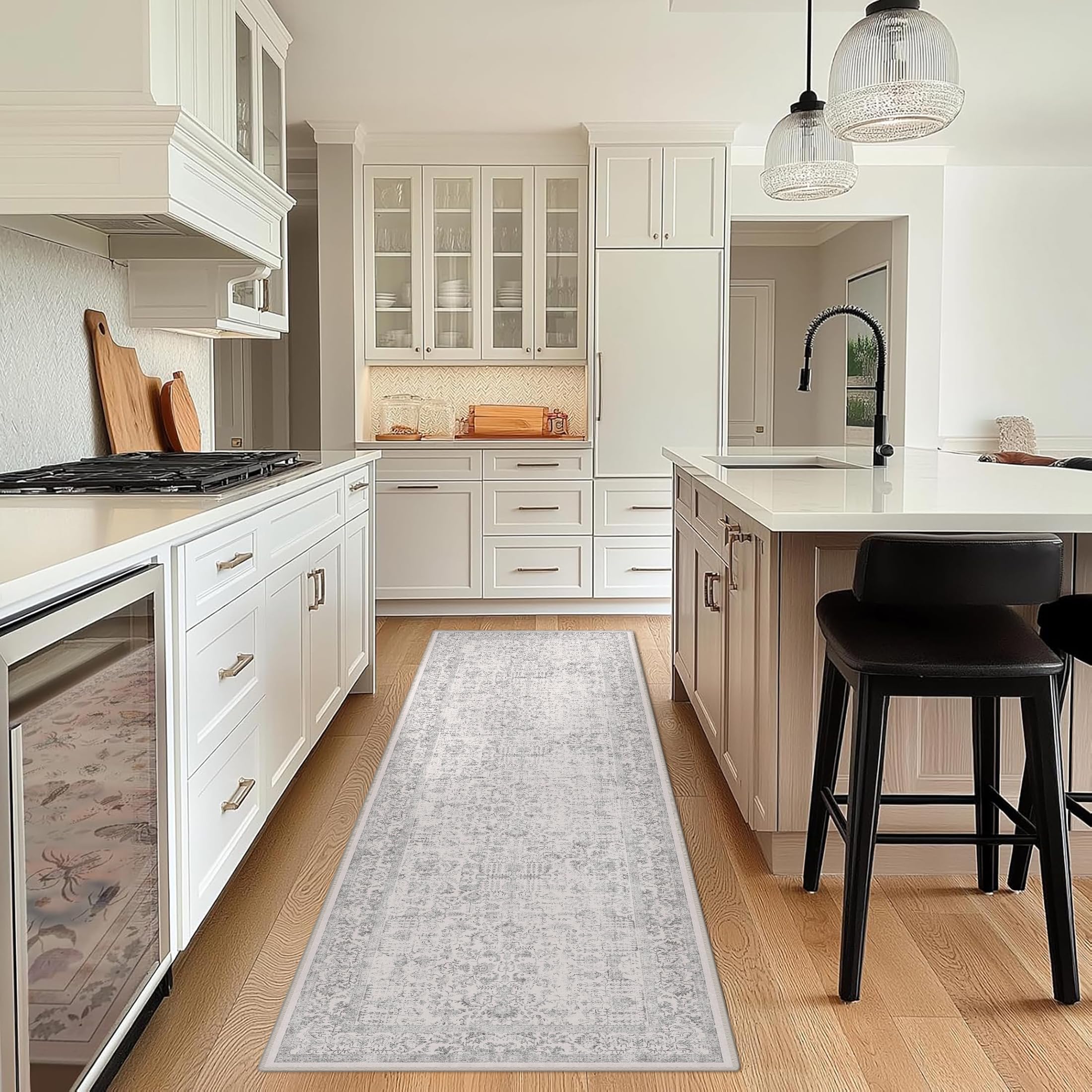 HUGEAR Vintage Grey Hallway Runner Washable Non Slip Rugs Long Area Rug 60x240cm Bedroom Kitchen Lounge Bedside Office Indoor Carpets Low Pile Carpet Runners - Image 3