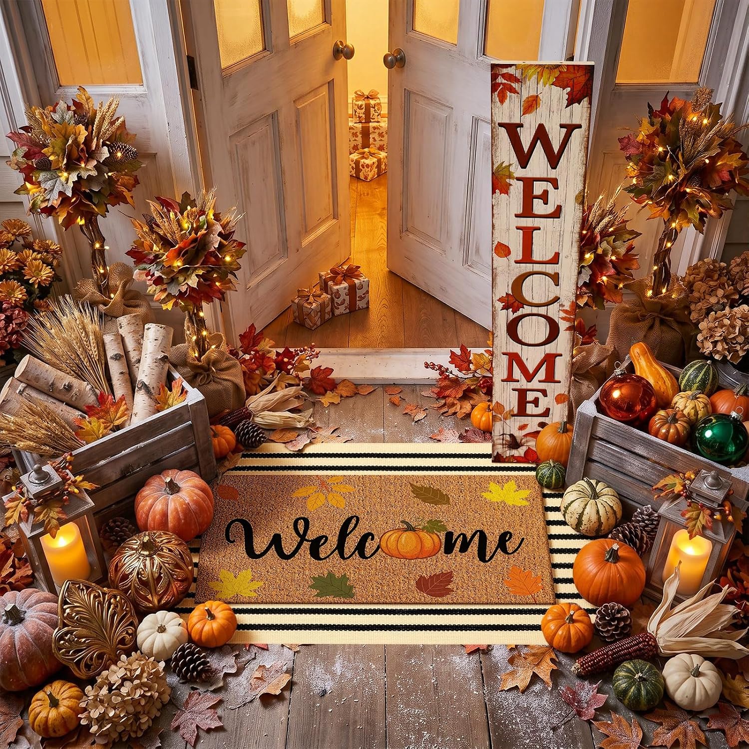 Junkin 3 Pcs Fall Porch Sign and Door Mat Set, Farmhouse Pumpkin Welcome image 3