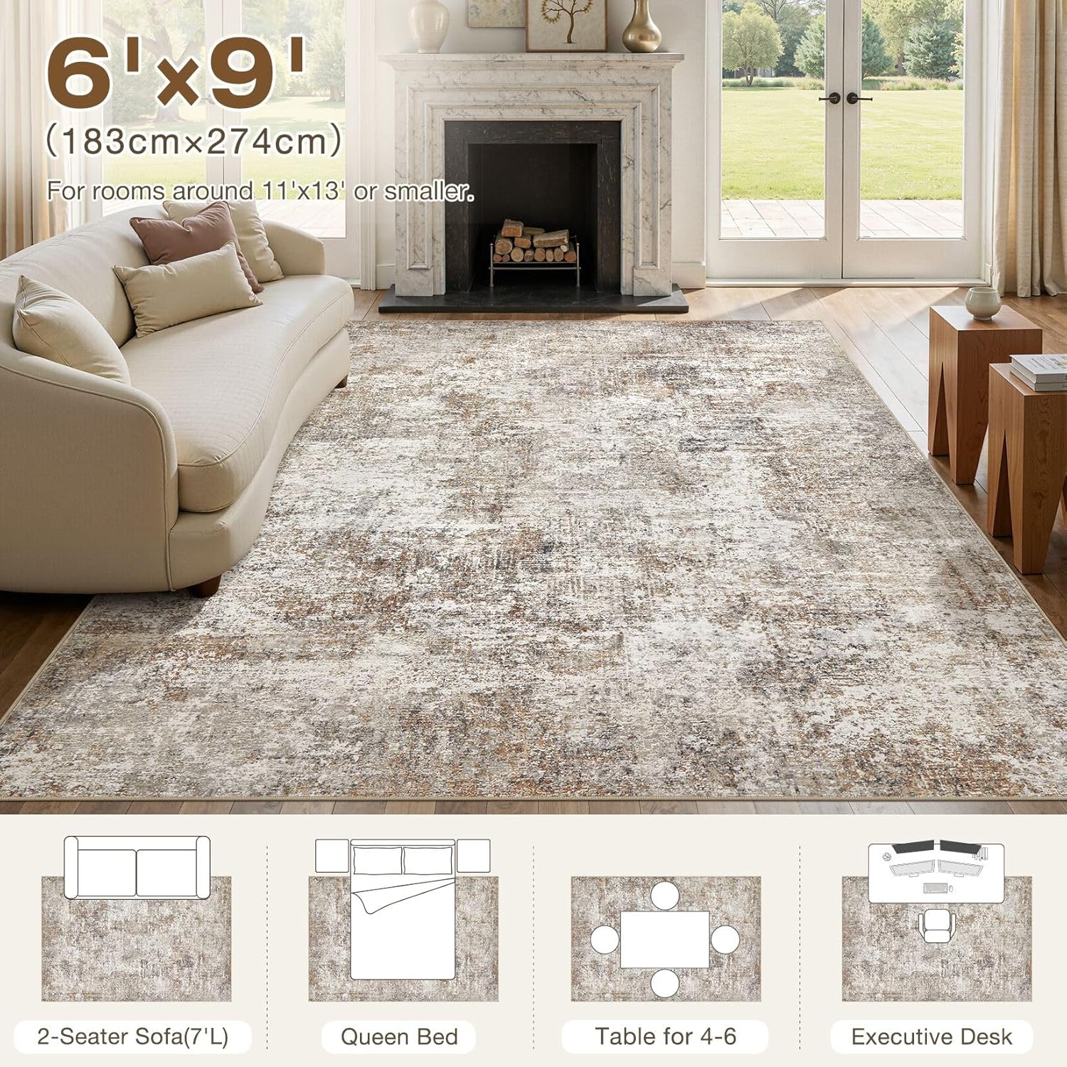 6x9 Area Rugs for Living Room: Washable Large Neutral Abstract Rug Soft Non Slip Stain Resistant Low Pile Indoor Carpet for Bedroom Dining Room Nursery Office Playroom - Brown Grey