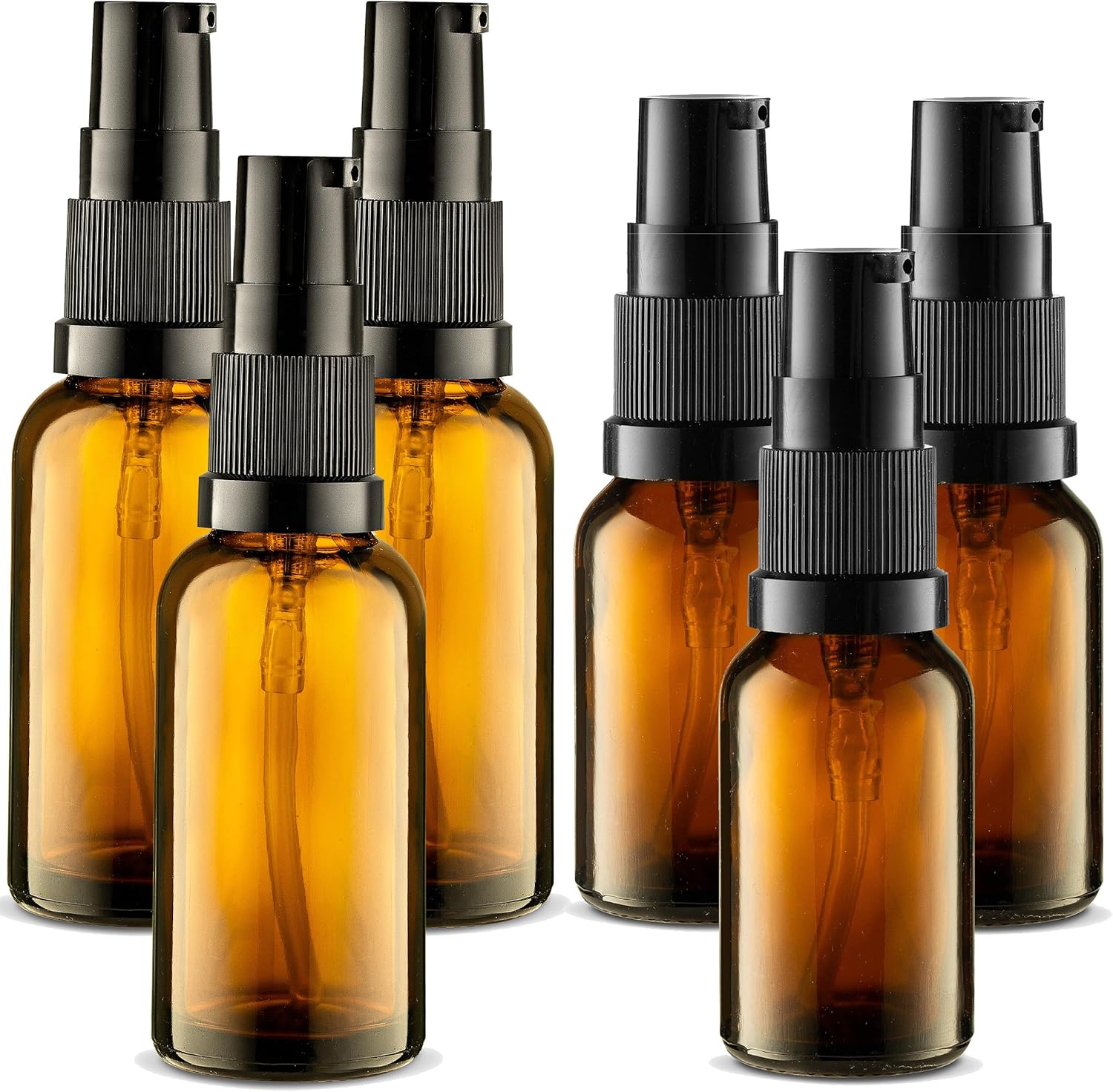 VitalUp 8 Pack Empty Refillable Glass Amber Pump Bottle Ideal for Lotion Cream Essential Oil Travel Small Container, 30ml