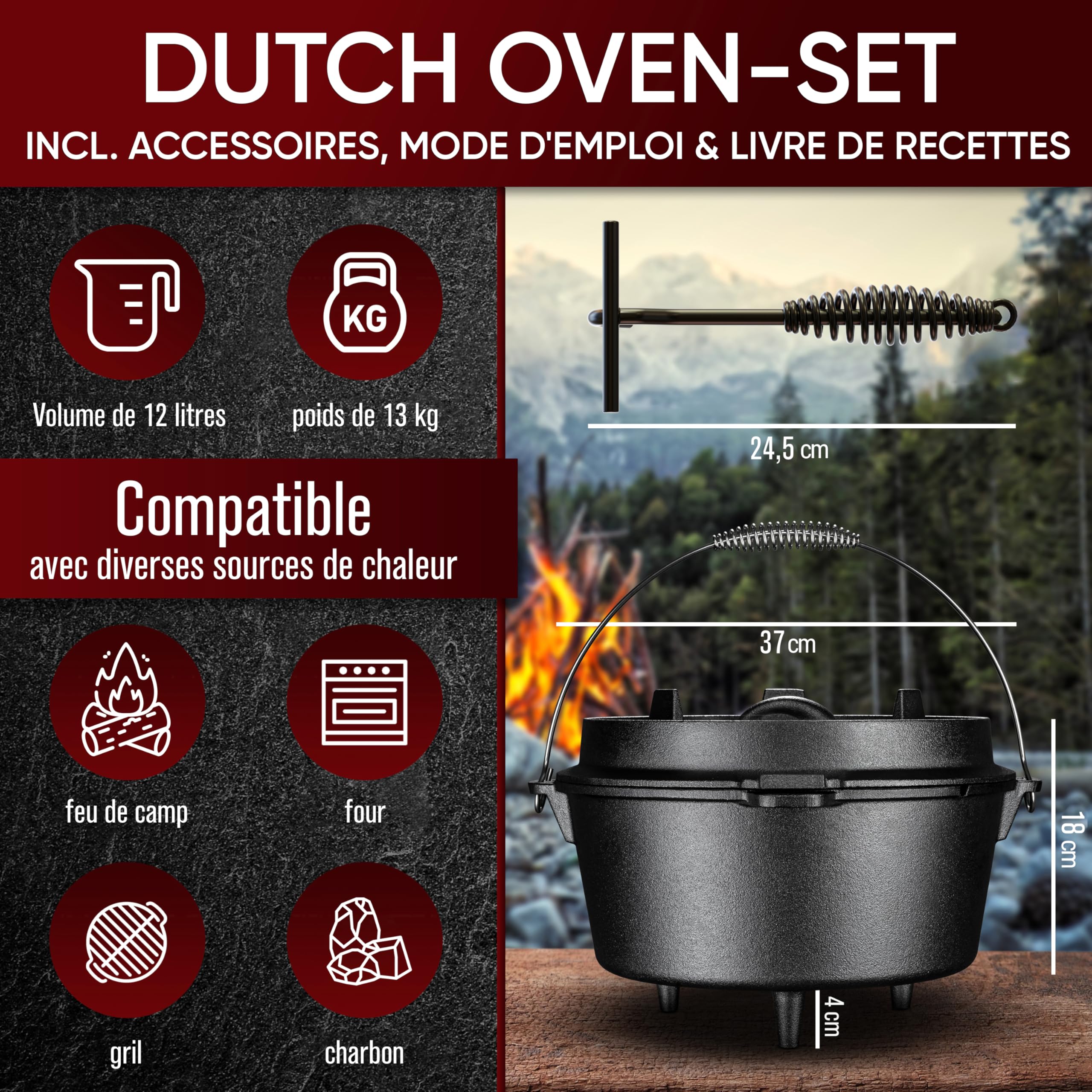GUSSKÖNIG Ensemble Dutch Oven [12L] - Cocotte en fonte déjà assaisonnée avec levier de couvercle pratique et pieds