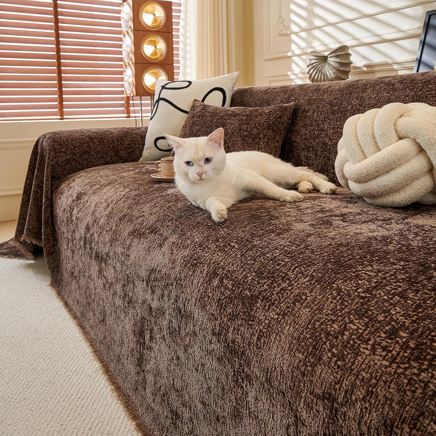 ROOMLIFE Brown Couch Cover 2 Cushion Sofa, Washable Non Slip Furniture Sofa Protector Cover, Soft Chenille Sofa Slipcovers Sectional L Shape Dogs Couch Cover Throw Blanket with Tassels 71''X118''