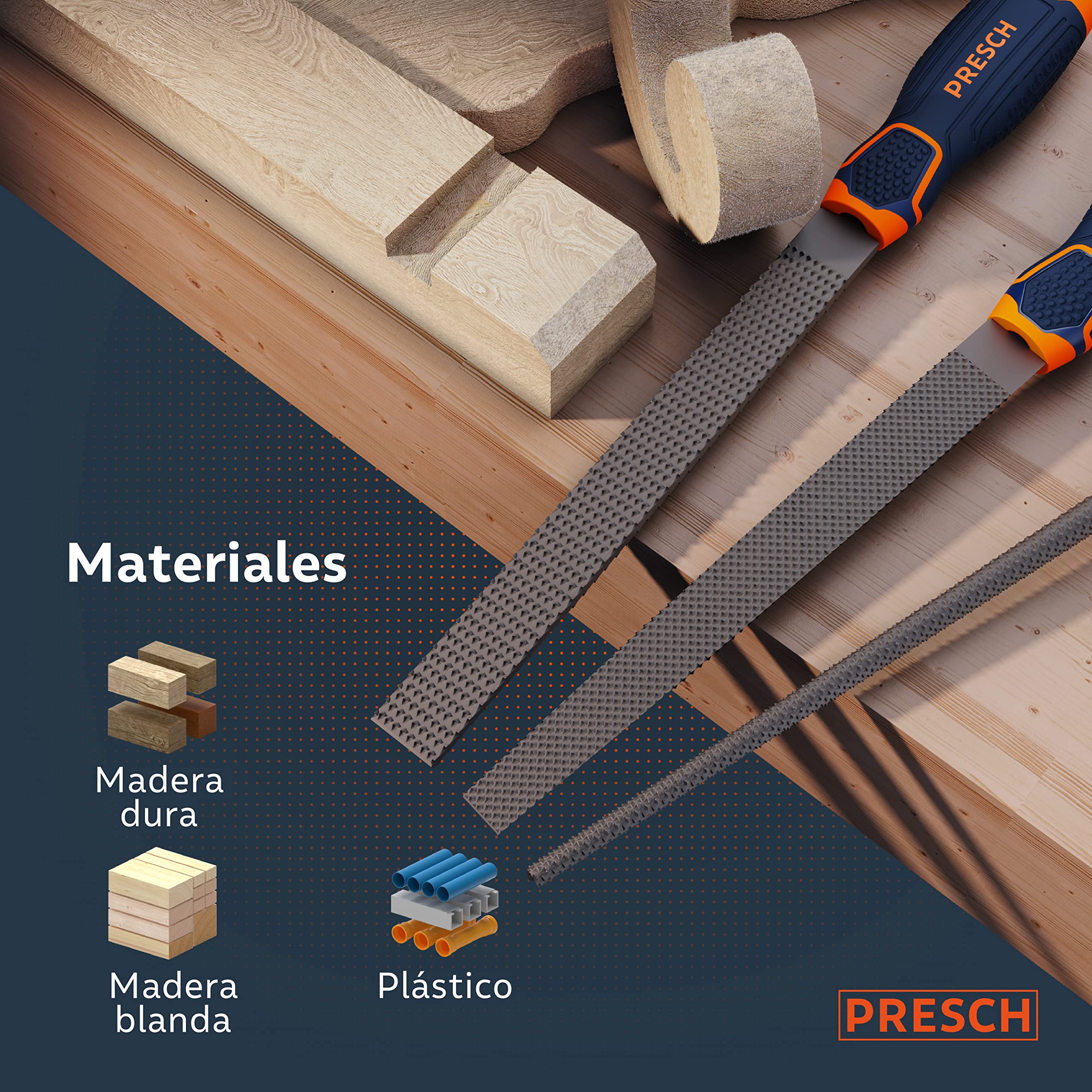 Presch Escofinas Madera 3pcs - Juego de escofinas para madera que incluye escofina plana, media redonda y redonda - Juego de escofinas profesionales con 200mm para madera