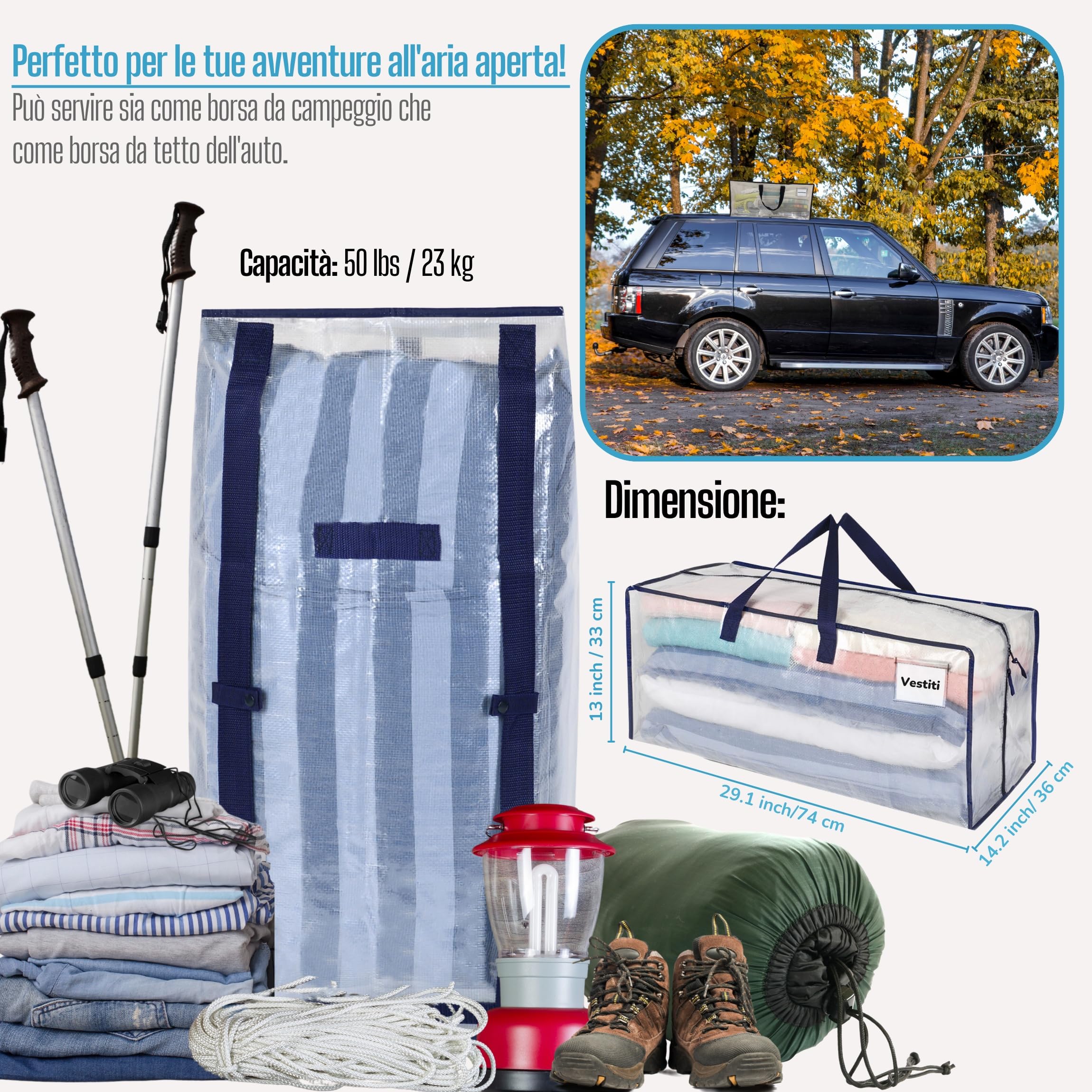 VENO Set da 4 Borse da trasloco extra large, Scatoloni per trasloco con cinghie per zaino, zip e manici resistenti, Scatole per armadio per riporre oggetti, piumoni, vestiti (Trasparente, Set da 4)