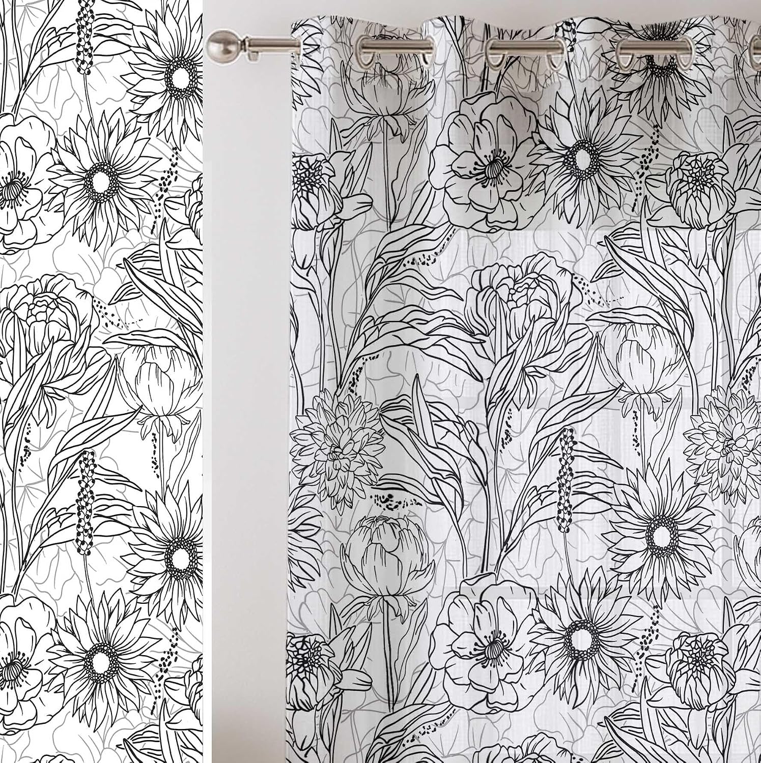 Floral Motif Design Sheer Curtains for Short Windows - Set of 2 Panels, 63", Grommet Top, Printed Georgette, Light Filtering Drapes for Kitchen or Bedroom