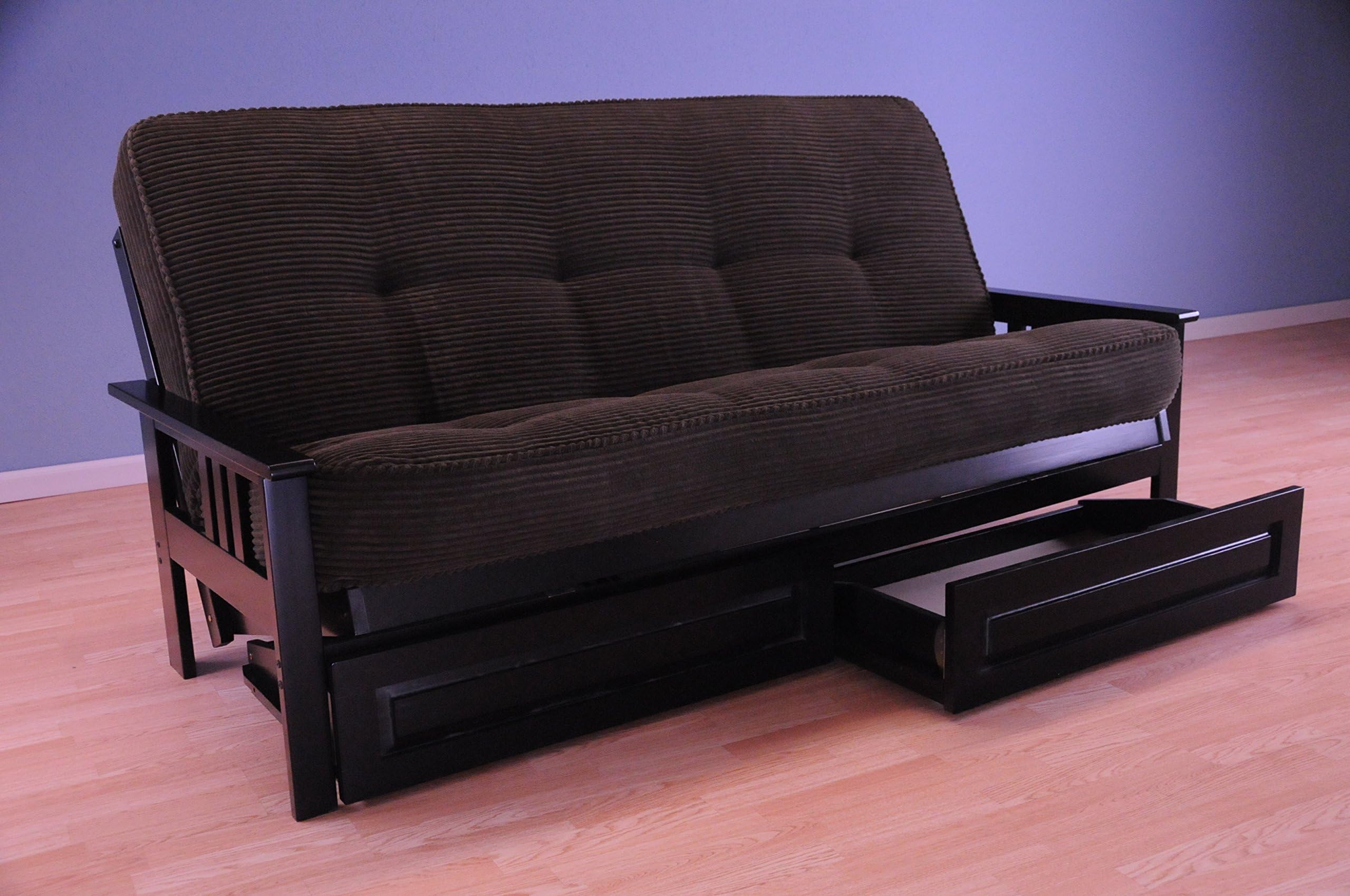 Mission Style Black Wood Frame Futon with Storage Drawers Convertible Full Size Innerspring Mattress Cover-Use As Bed Sofa Sofabed Or Couch -Comfortable Furniture for Sleeping Lounging Sitting