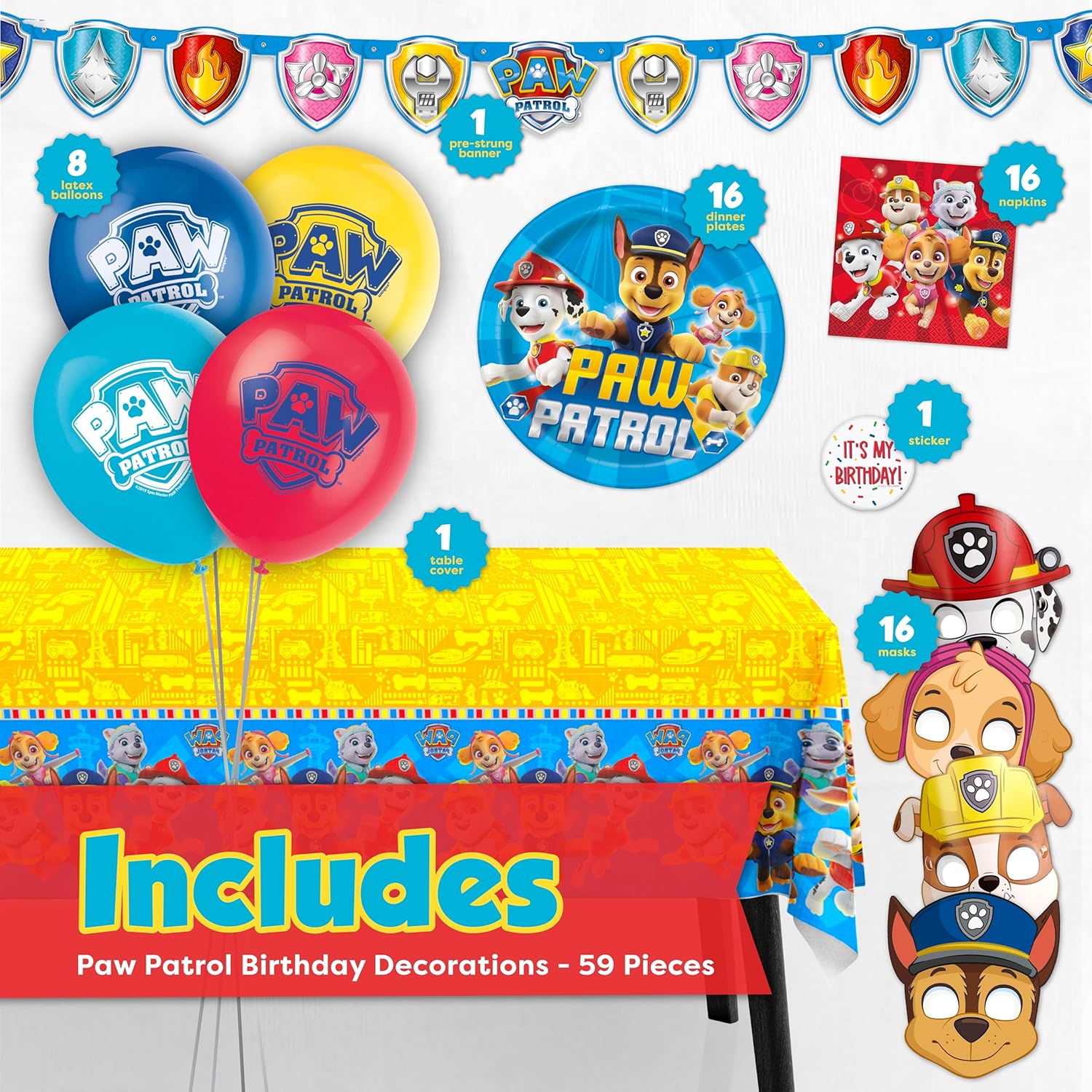 Paw Patrol Birthday Decorations | Serves 16 | Banner, Tablecloth, Balloons, Plates and Napkins, Character Masks, Sticker | Paw Patrol Party Decorations