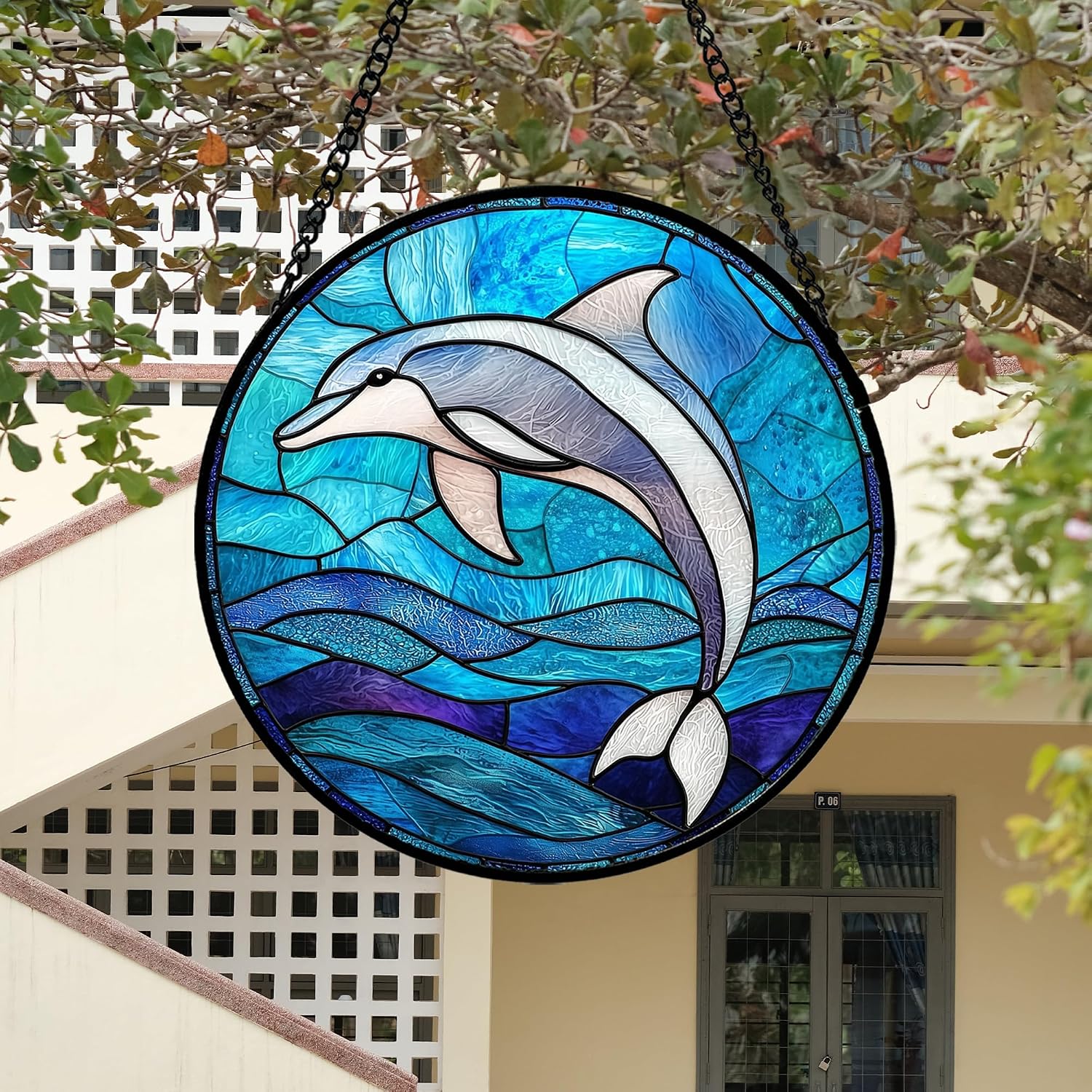 Stained Glass Window Hanging Blue Dolphin Suncatcher Gifts for Women 7.8" image 4